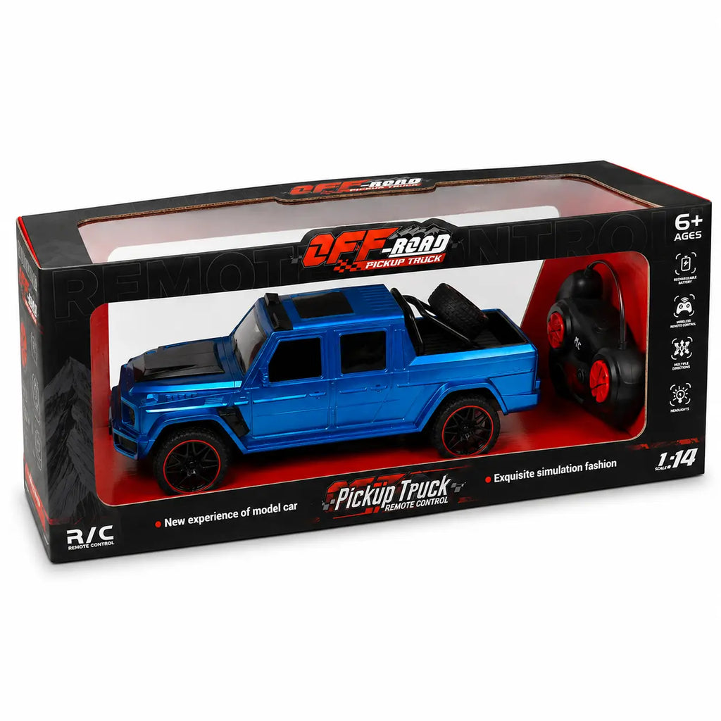 1:14 scale blue remote control pickup truck displayed in retail packaging with controller