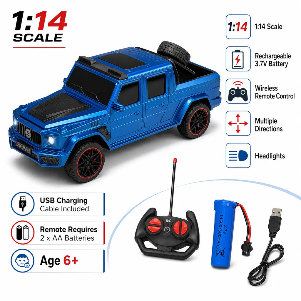 1:14 scale blue RC pickup truck features rechargeable battery remote control headlights and USB charging