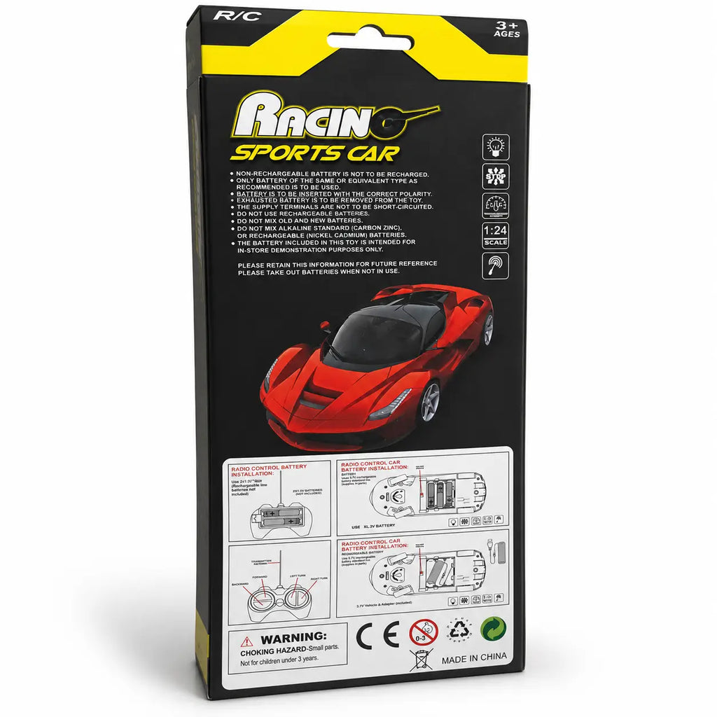 Back view of 1:24 RC sports car retail box with battery and control instructions