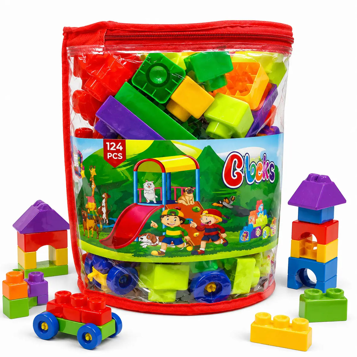 124 pcs colorful building blocks set for kids with storage bag, toy car, house and construction pieces