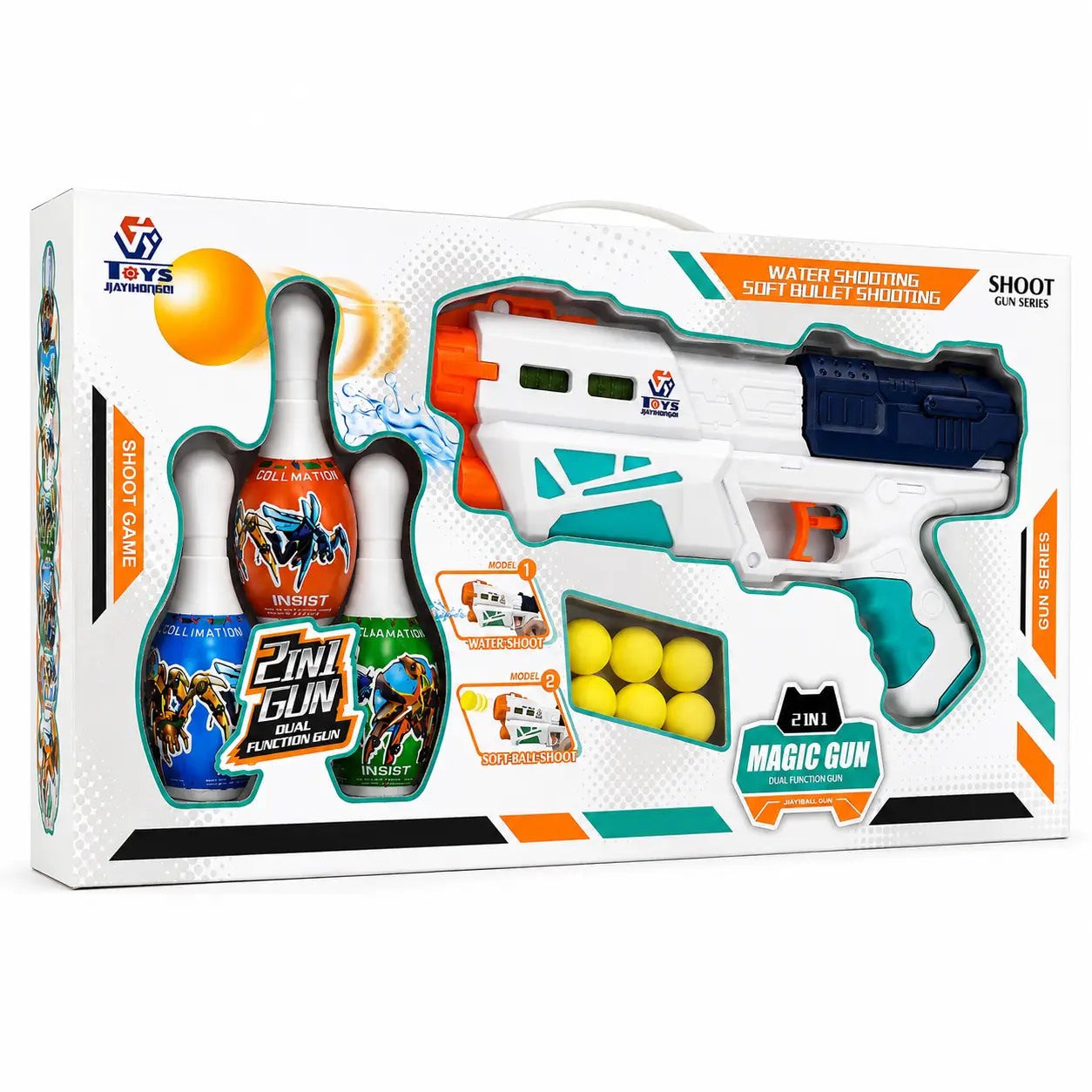 2-in-1 Magic Toy Blaster retail box showing soft balls and three target pins