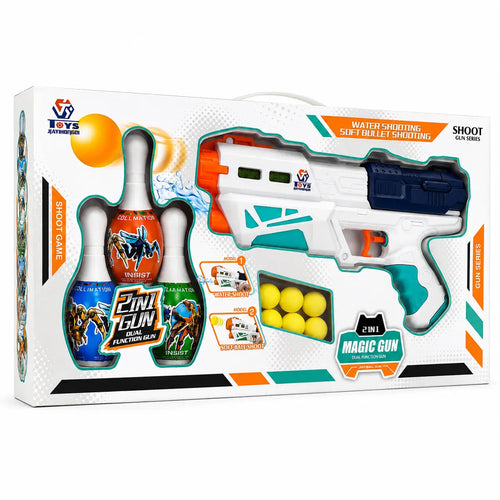 2-in-1 Magic Toy Blaster retail box showing soft balls and three target pins