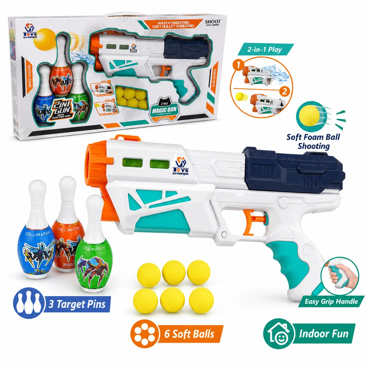 2-in-1 Magic Toy Blaster Set features with six soft balls and three colourful target pins