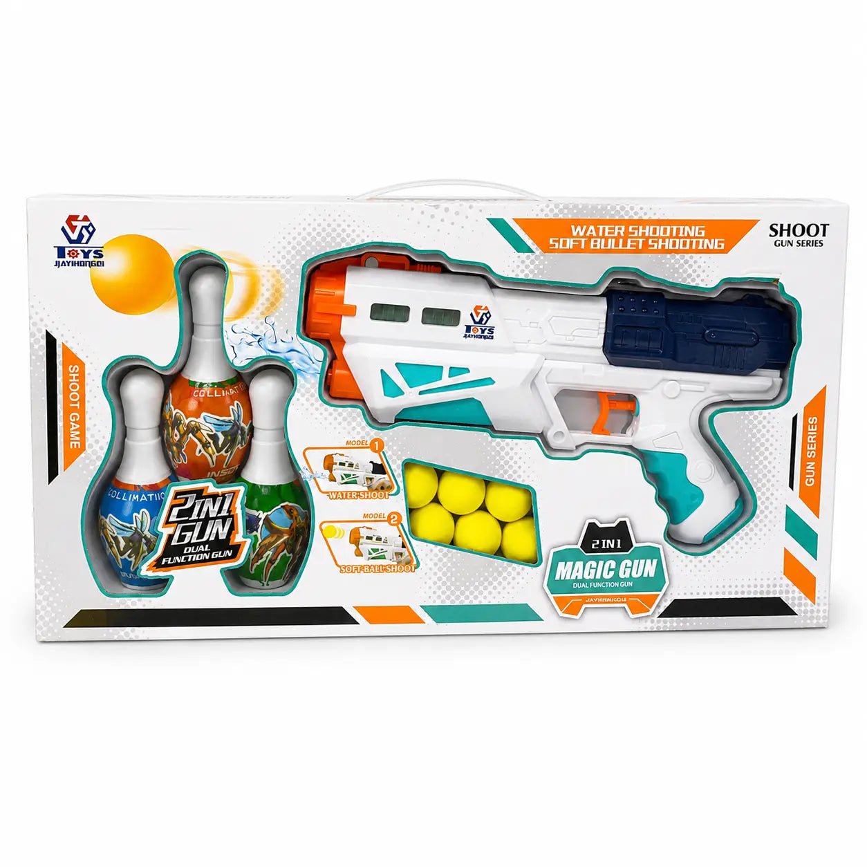 Front packaging of 2-in-1 Magic Toy Blaster with accessories visible inside the box