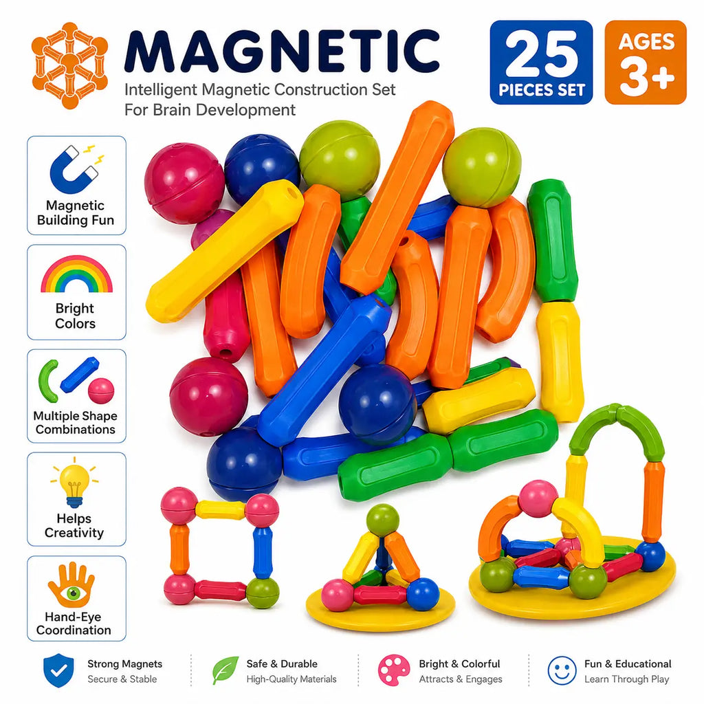 25 PCS magnetic construction set for kids showing magnetic building features and colorful pieces