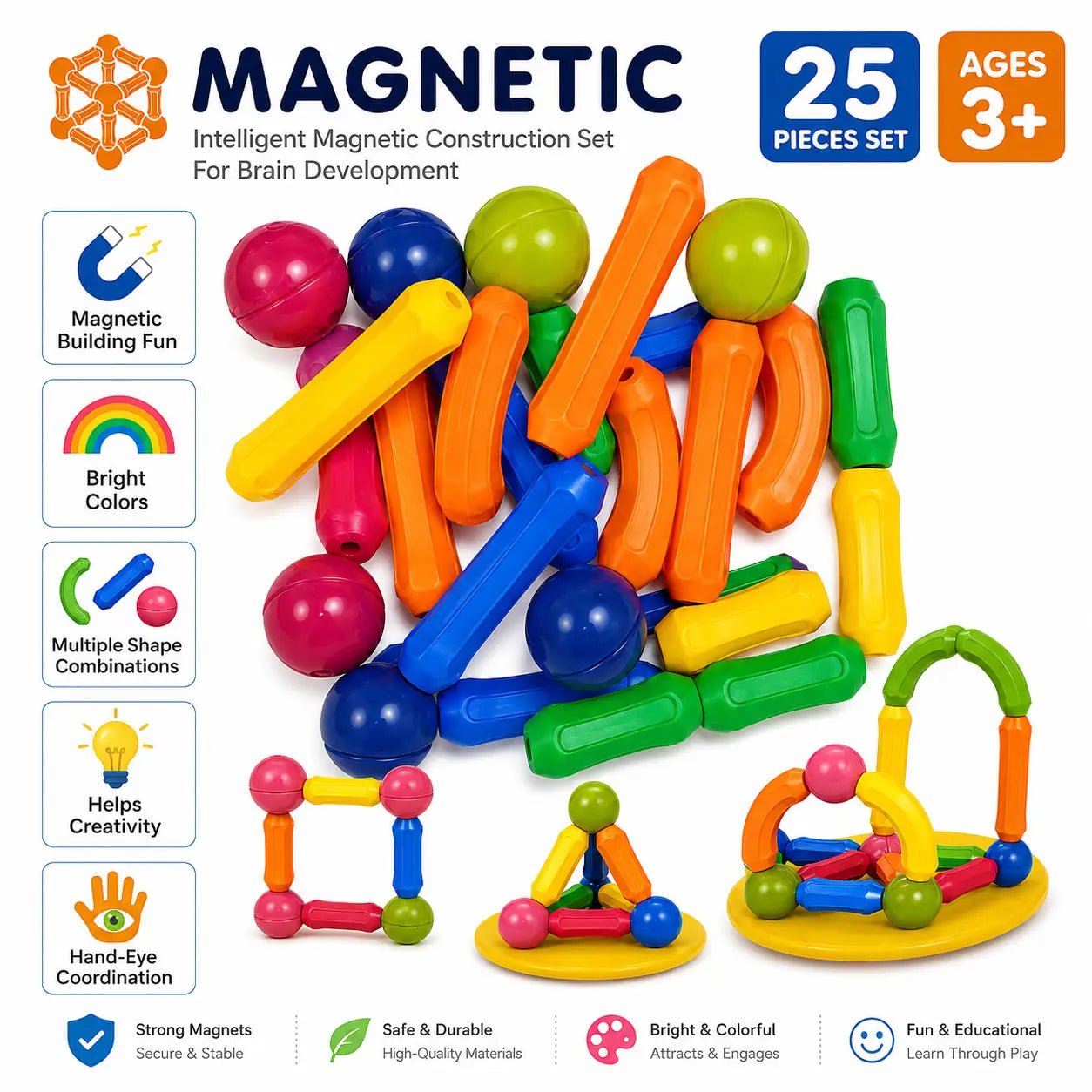 25 PCS magnetic construction set for kids showing magnetic building features and colorful pieces