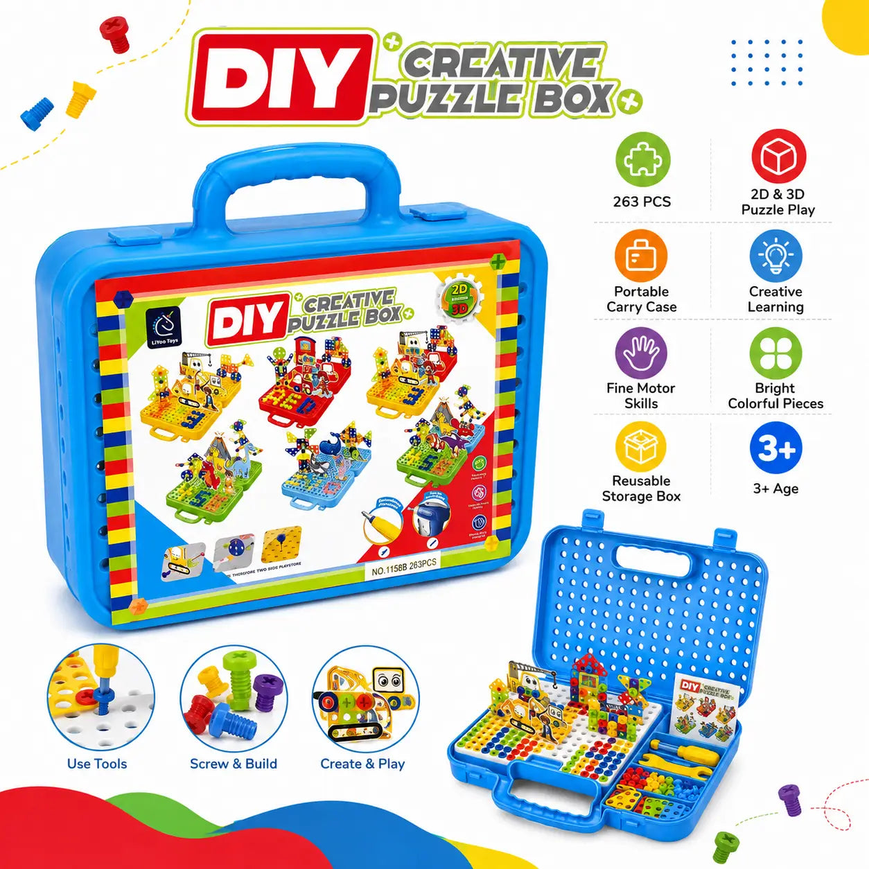 263 piece DIY Creative Puzzle Box features including 2D and 3D play portable case and colourful construction pieces