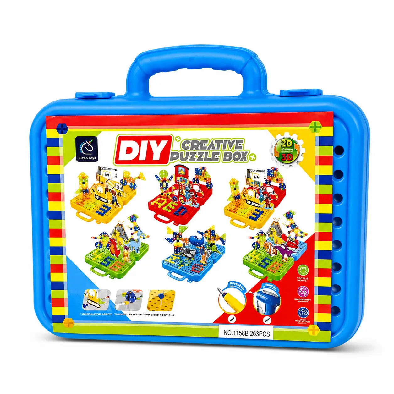 Blue 263 piece DIY Creative Puzzle Box portable construction toy carry case front view