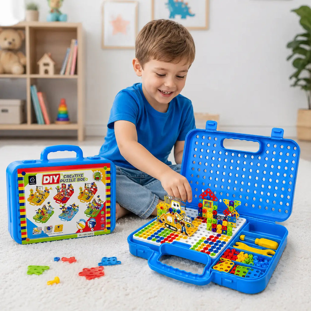 Young child playing with 263 piece DIY Creative Puzzle Box construction set and colourful building pieces
