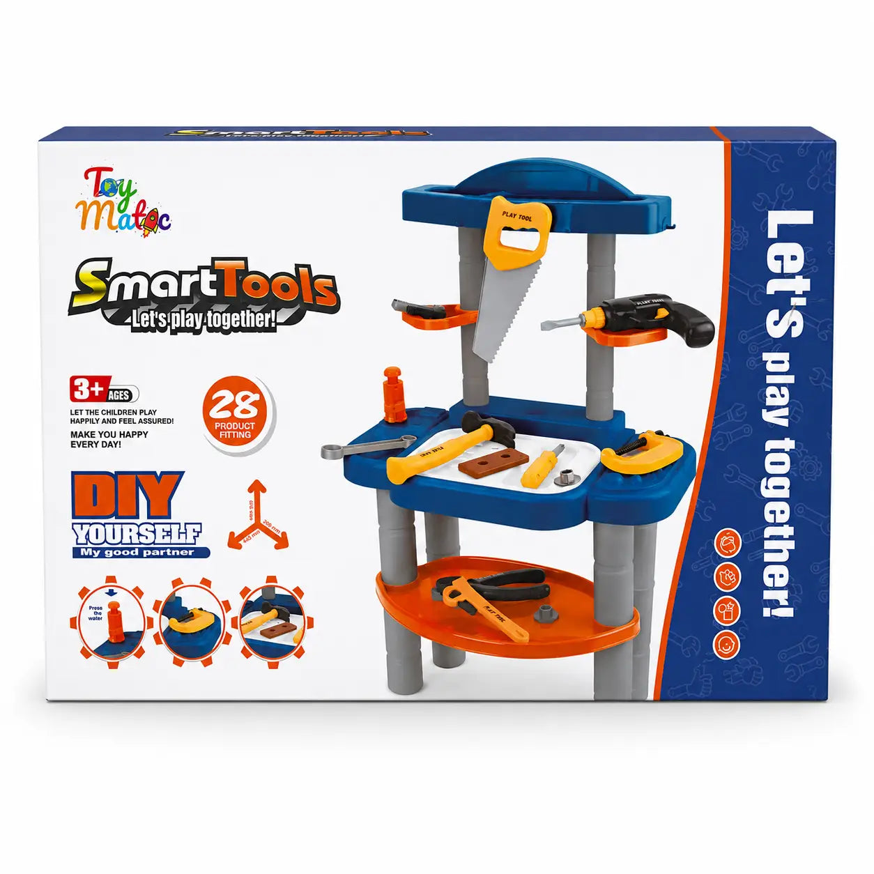 Toy Matic Smart Tools 28 piece kids workbench set box showing pretend drill saw hammer wrench and accessories