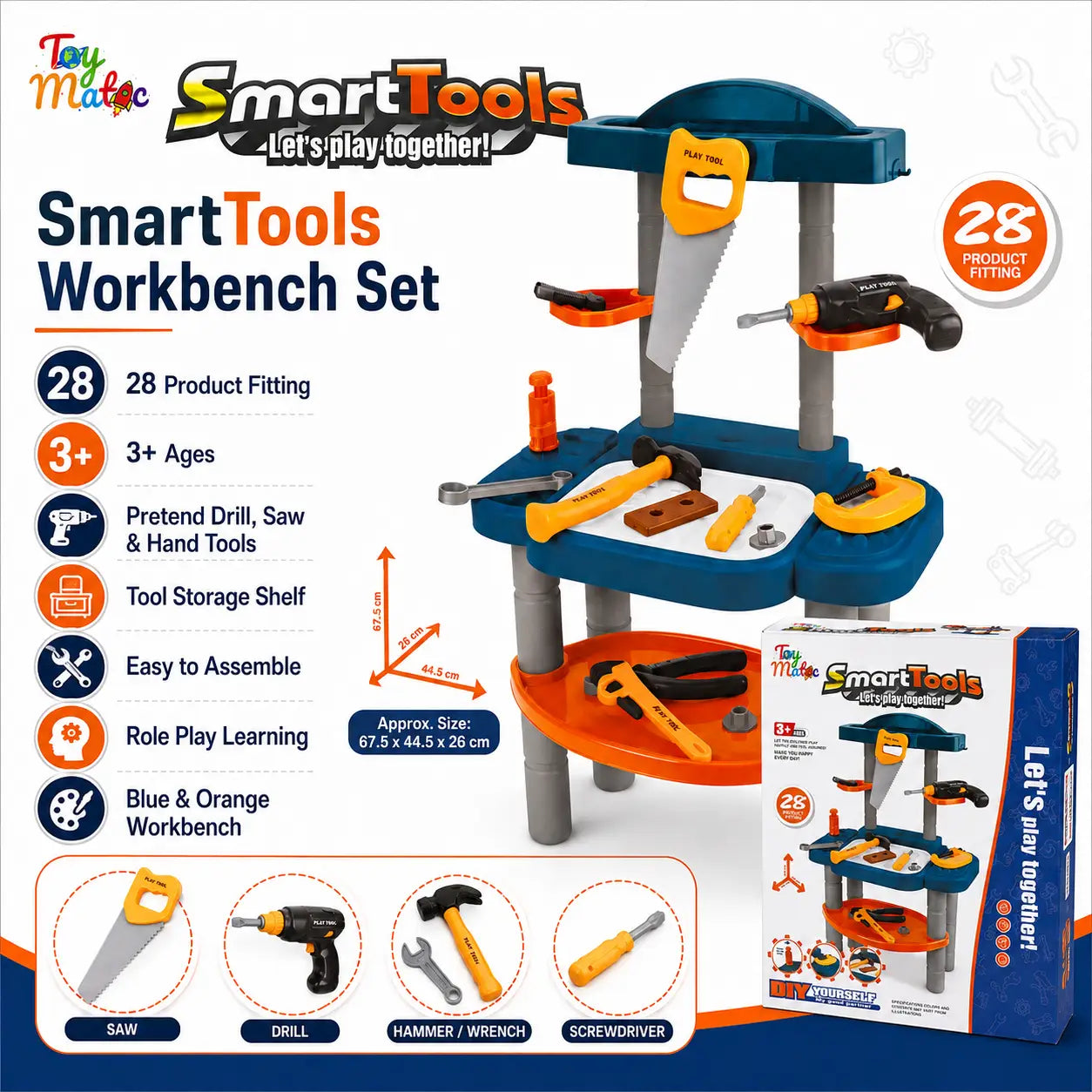 28 piece Smart Tools kids workbench features with toy saw drill hammer wrench screwdriver and storage shelves