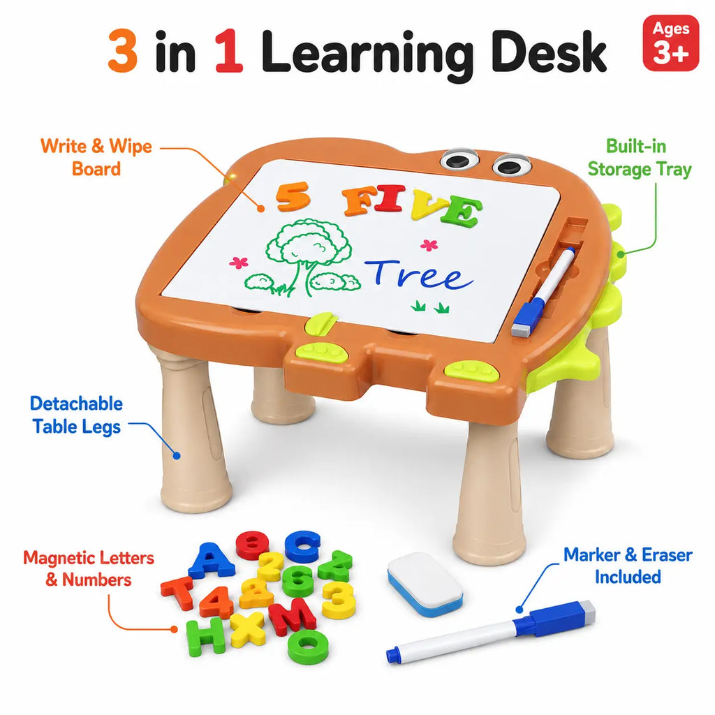 3-in-1 kids learning desk features showing write-and-wipe board, magnetic letters, detachable legs, storage tray, marker and eraser