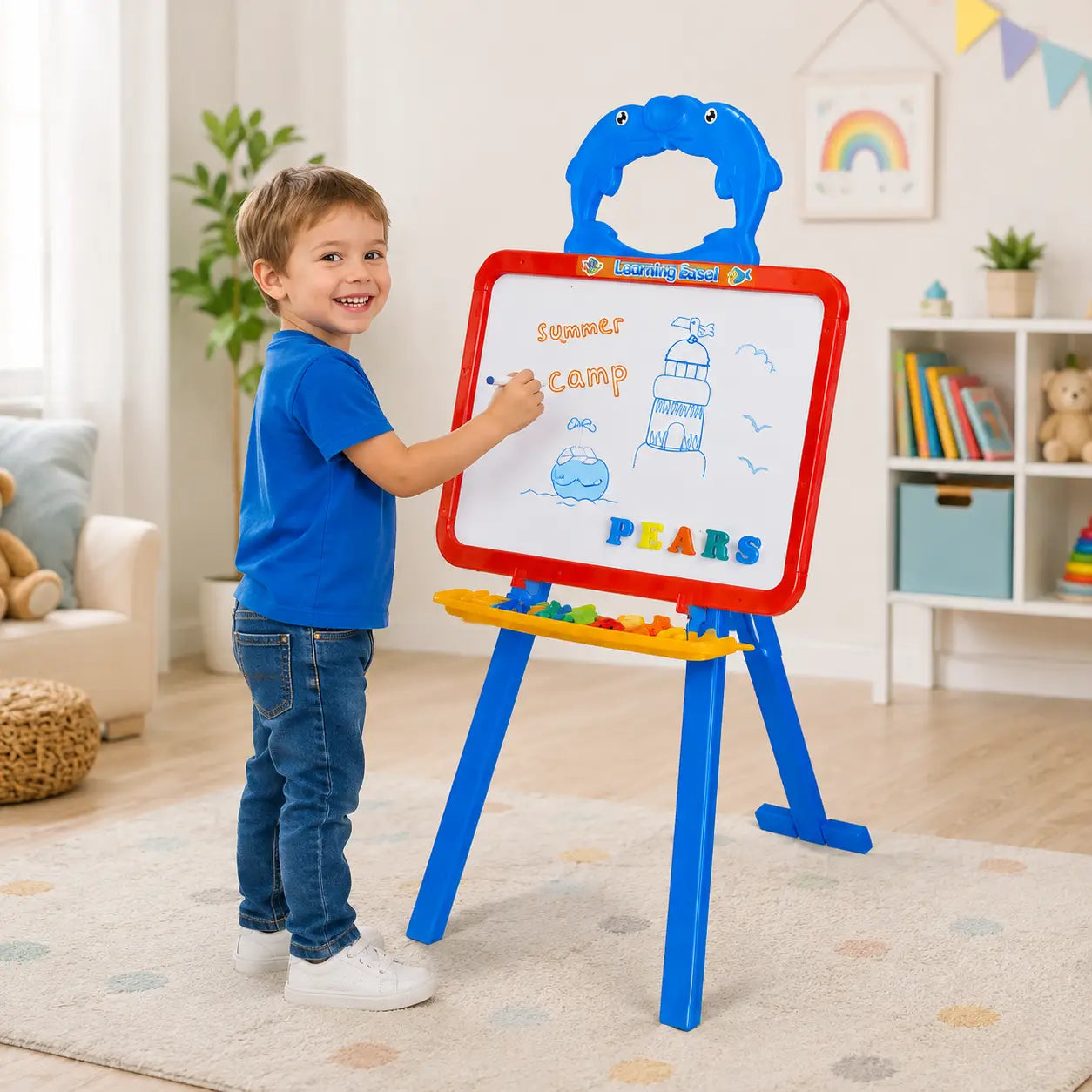 A young boy in a blue shirt and jeans stands next to a colorful children's magnetic drawing easel, writing on the whiteboard. The easel has a blue dinosaur handle, a red border, and a yellow tray on the stand.