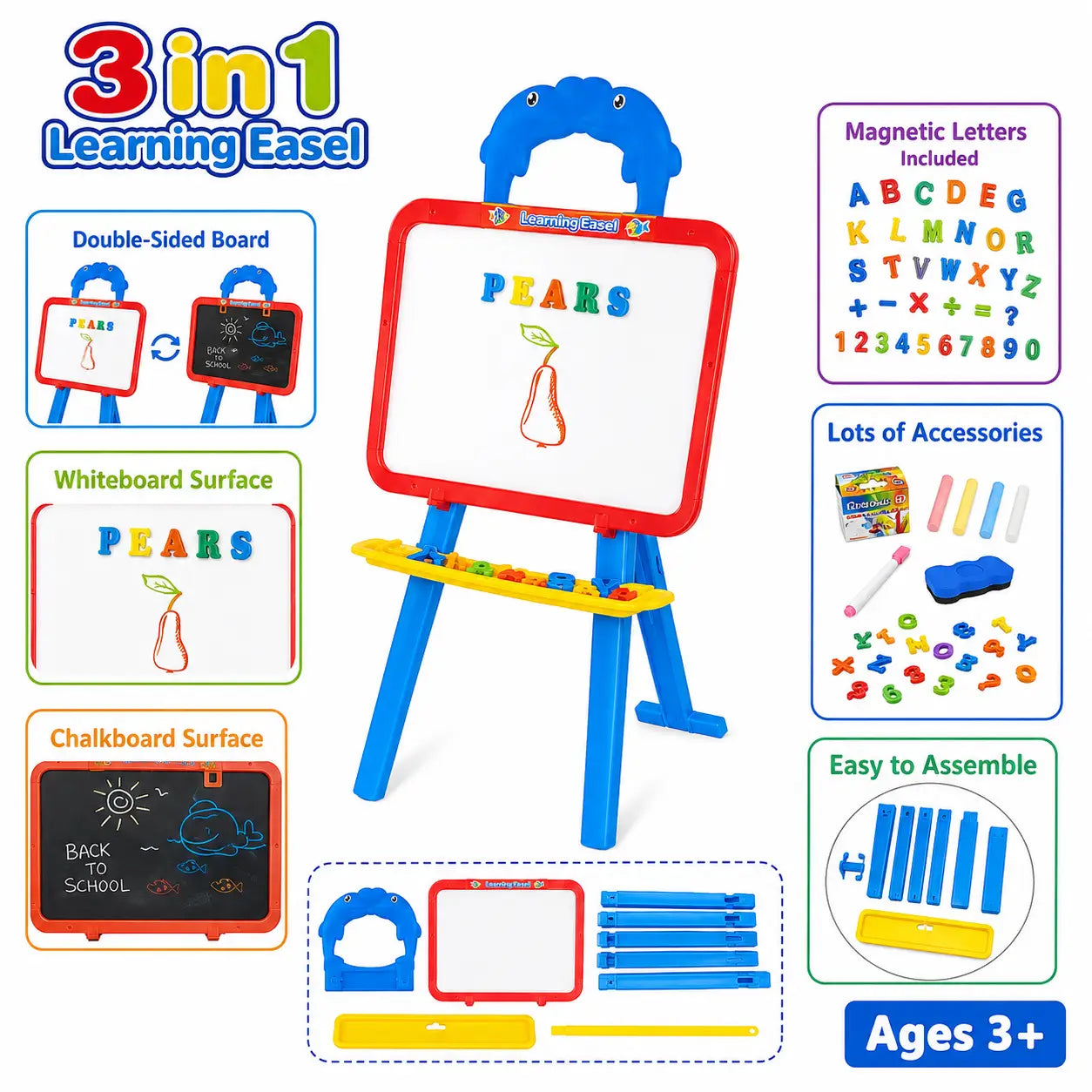 A 3-in-1 children's magnetic drawing easel shown on a white background with feature callout panels. The easel has a blue handle and legs, a red frame, a white writing surface, and a yellow chalk tray.