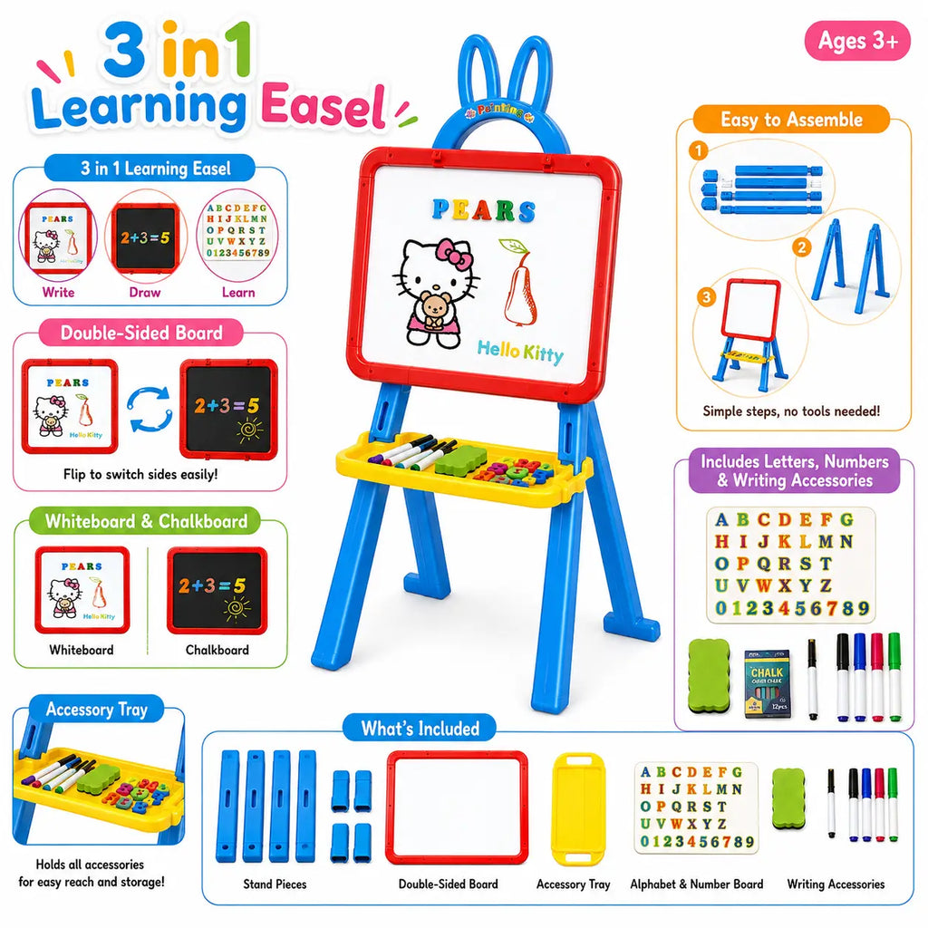 3-in-1 kids learning easel with double-sided whiteboard, chalkboard, accessory tray and learning features