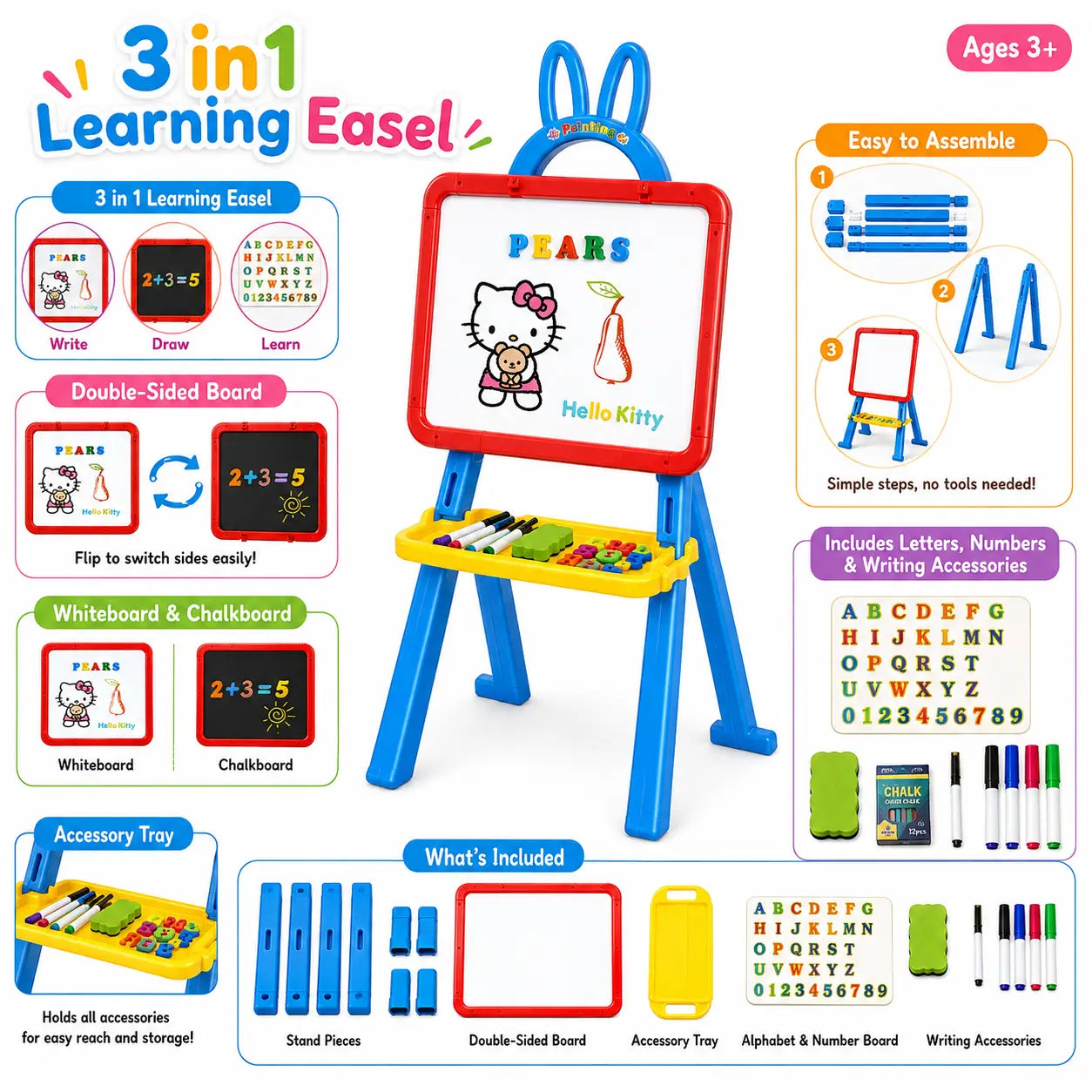 3-in-1 kids learning easel with double-sided whiteboard, chalkboard, accessory tray and learning features