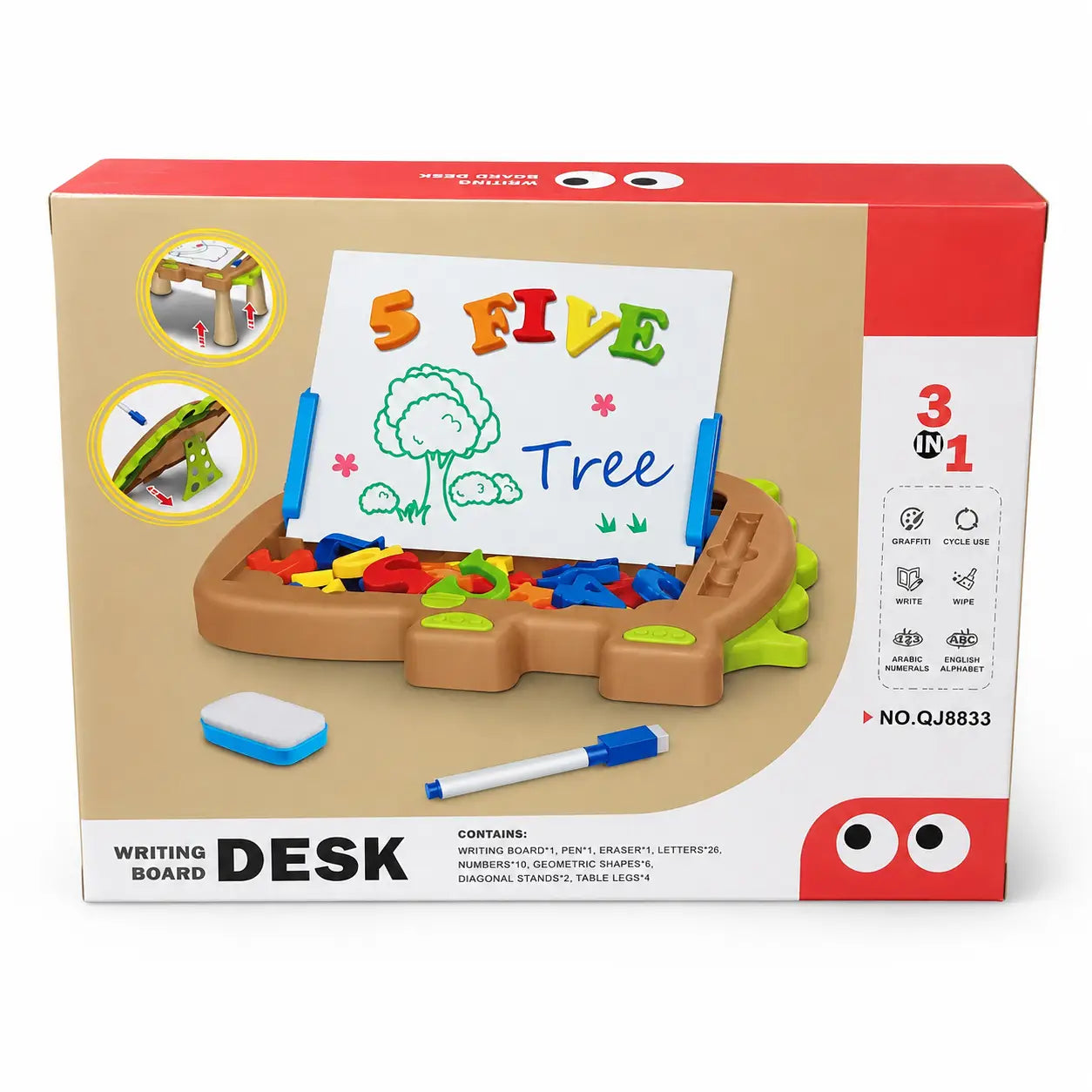 3-in-1 kids magnetic writing board desk QJ8833 retail box with alphabet letters, numbers, marker and eraser