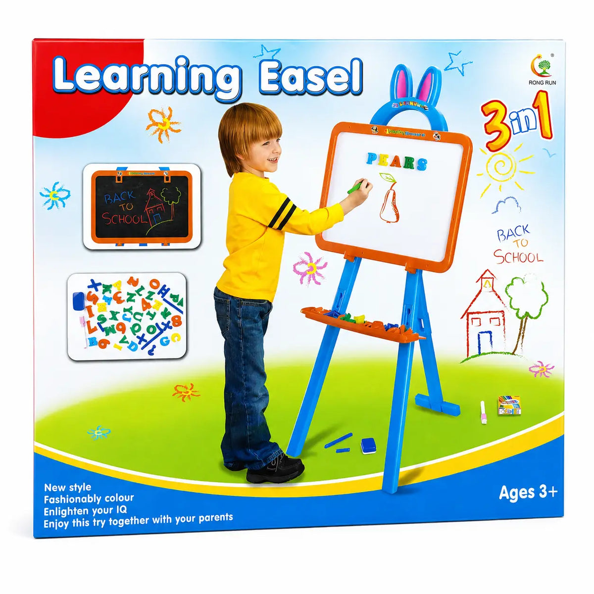 Front of the retail packaging for the 'Learning Easel' 3-in-1 toy set by Mountain. The box features a colorful illustration of a young boy drawing on the whiteboard easel, with a small black chalkboard and a letter-tracing pad shown as included accessories.