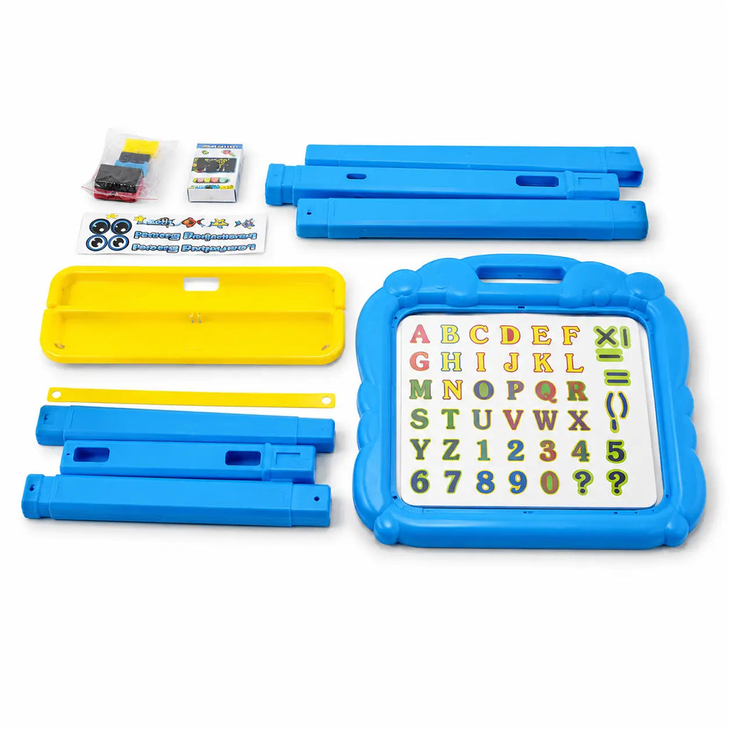 Kids learning easel components with blue stand pieces, yellow tray and alphabet number learning board