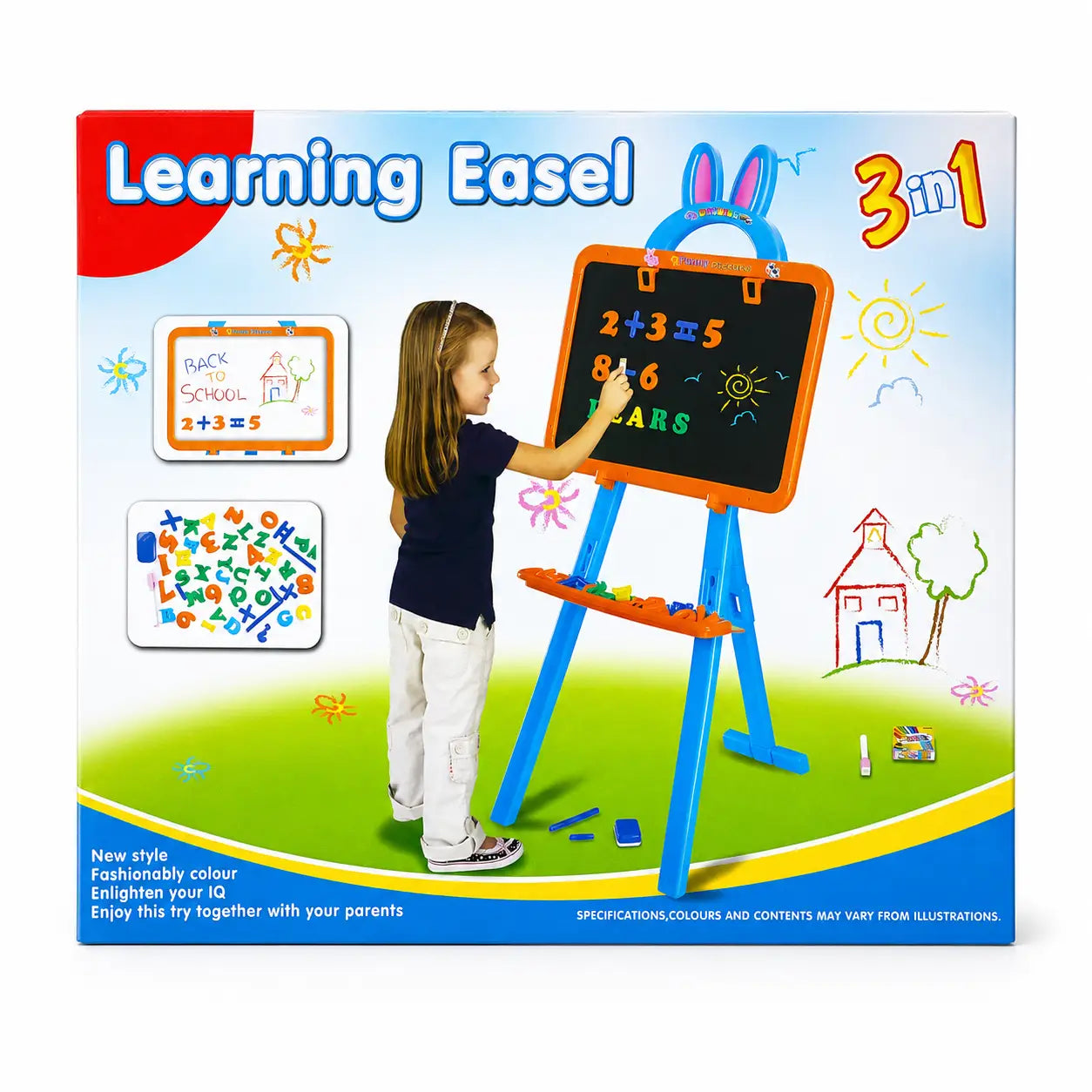 Learning Easel 3-in-1 magnetic children's toy set in its retail packaging, featuring a blue easel with an orange chalkboard, a small white flip board, and a magnetic letter board, shown on a colorful illustrated background with a young girl demonstrating use.