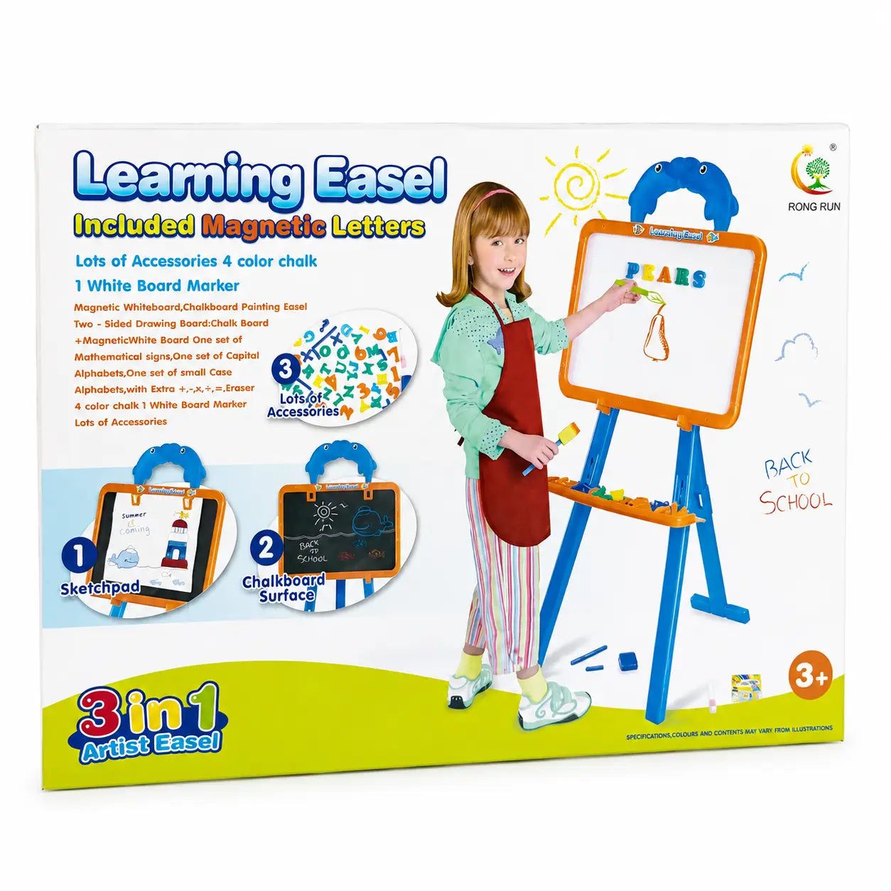 Front packaging of the 'Learning Easel' 3-in-1 magnetic letter board toy by Young Fun. The box features a child drawing on the white board, along with illustrations of included accessories (sketchpad, chalkboard, marker) and product details.