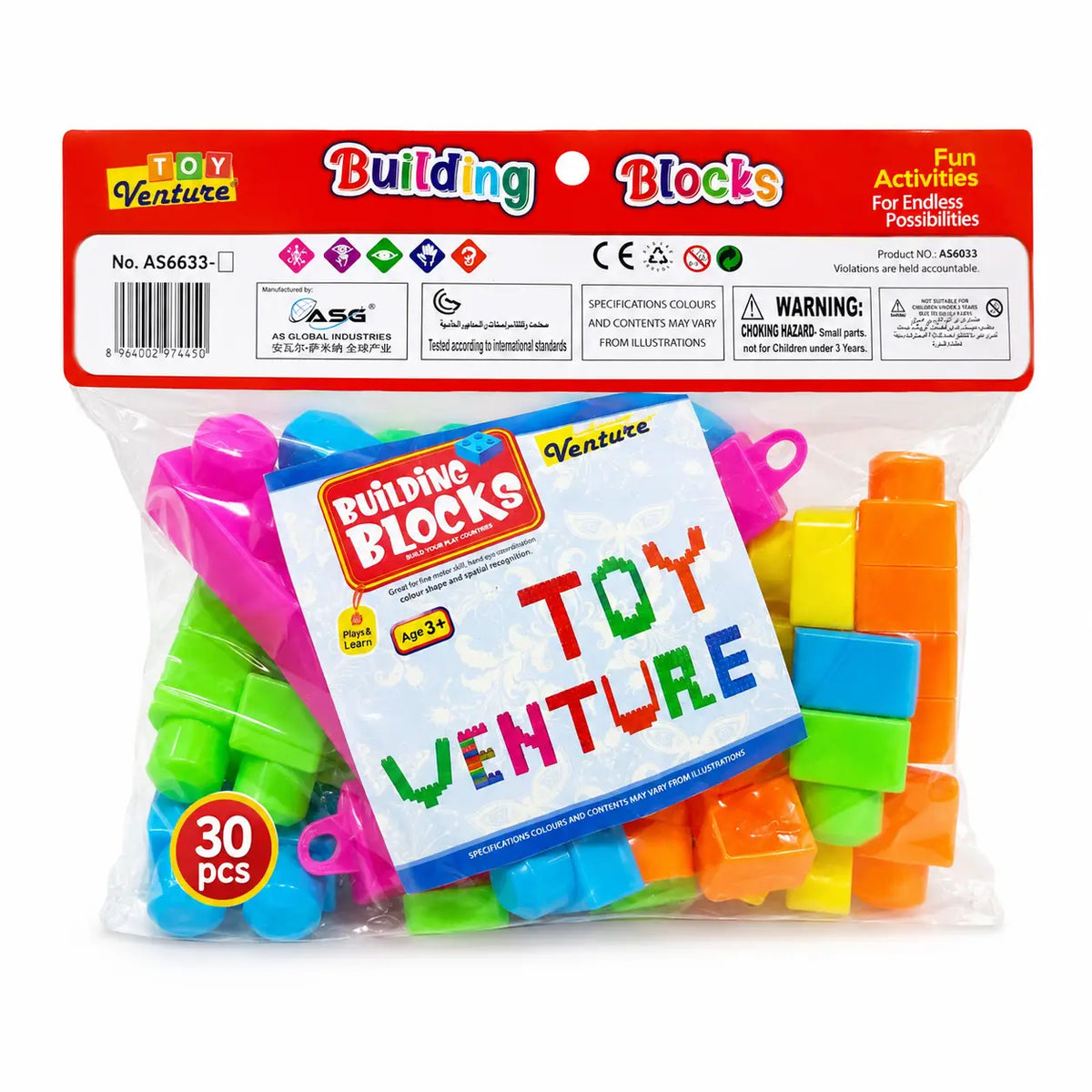 Toy Venture Building Blocks set in a clear plastic bag with a red header card. The set includes a white instruction booklet and multiple colorful plastic blocks in pink, green, blue, yellow, and orange.
