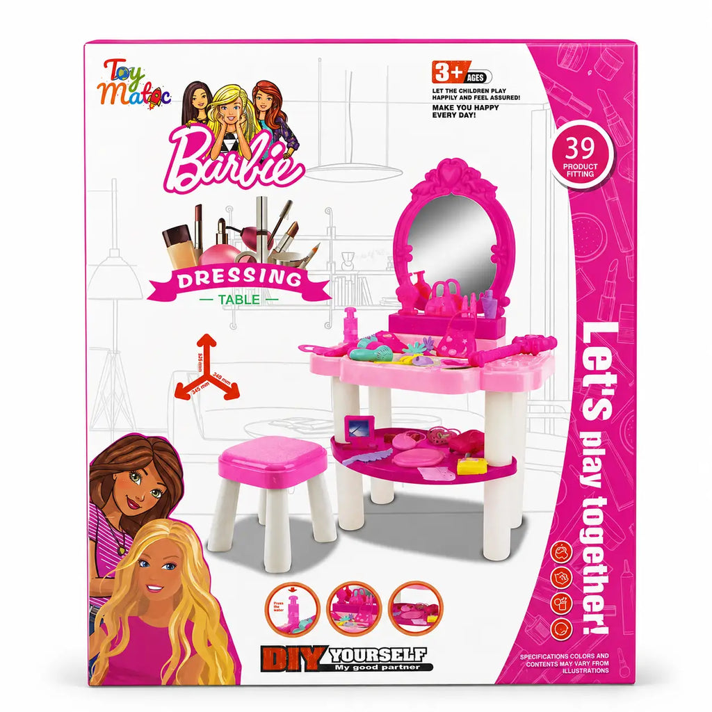39 piece pink kids dressing table vanity playset retail box front view for ages 3 plus