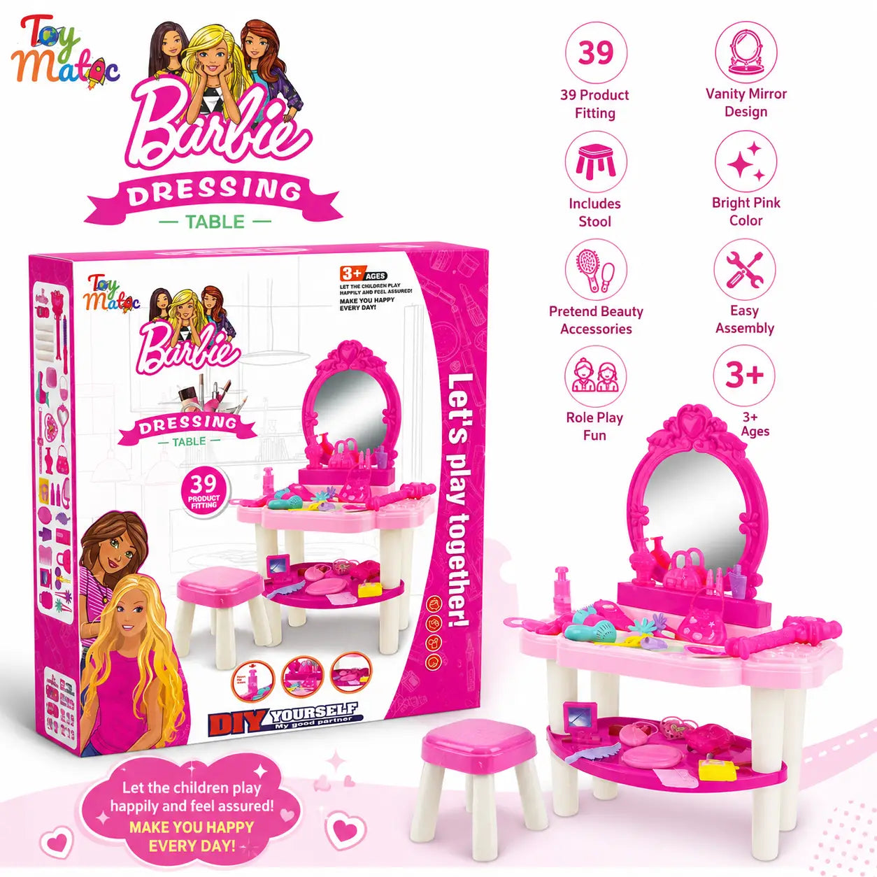 39 piece kids dressing table vanity playset features with mirror stool beauty accessories and easy assembly