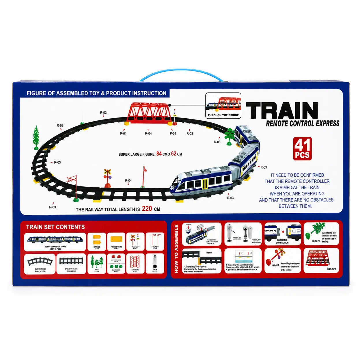 Back of 41 PCS remote control express train set box showing assembled railway layout and contents