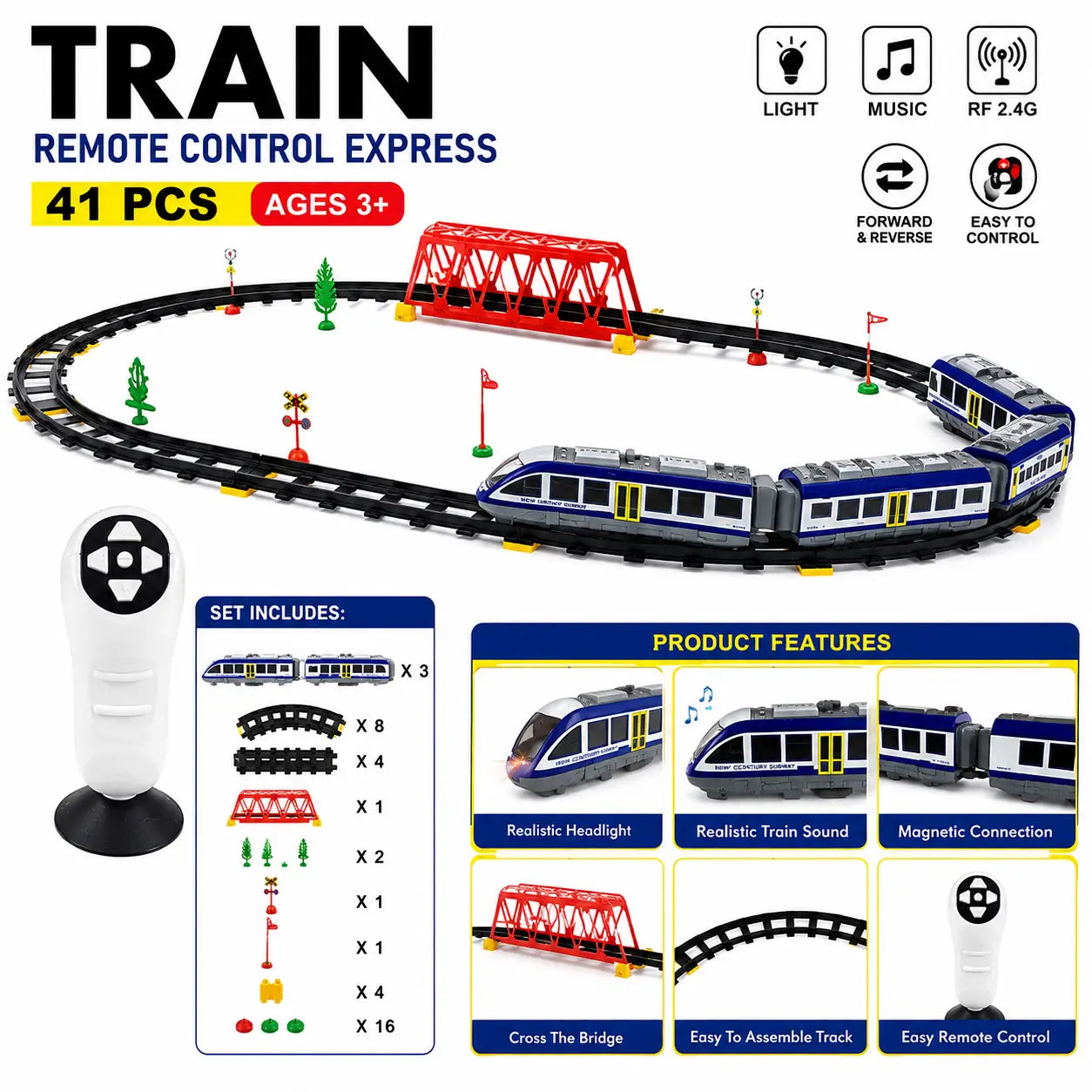 41 PCS remote control express train set with track bridge light music and product features for kids