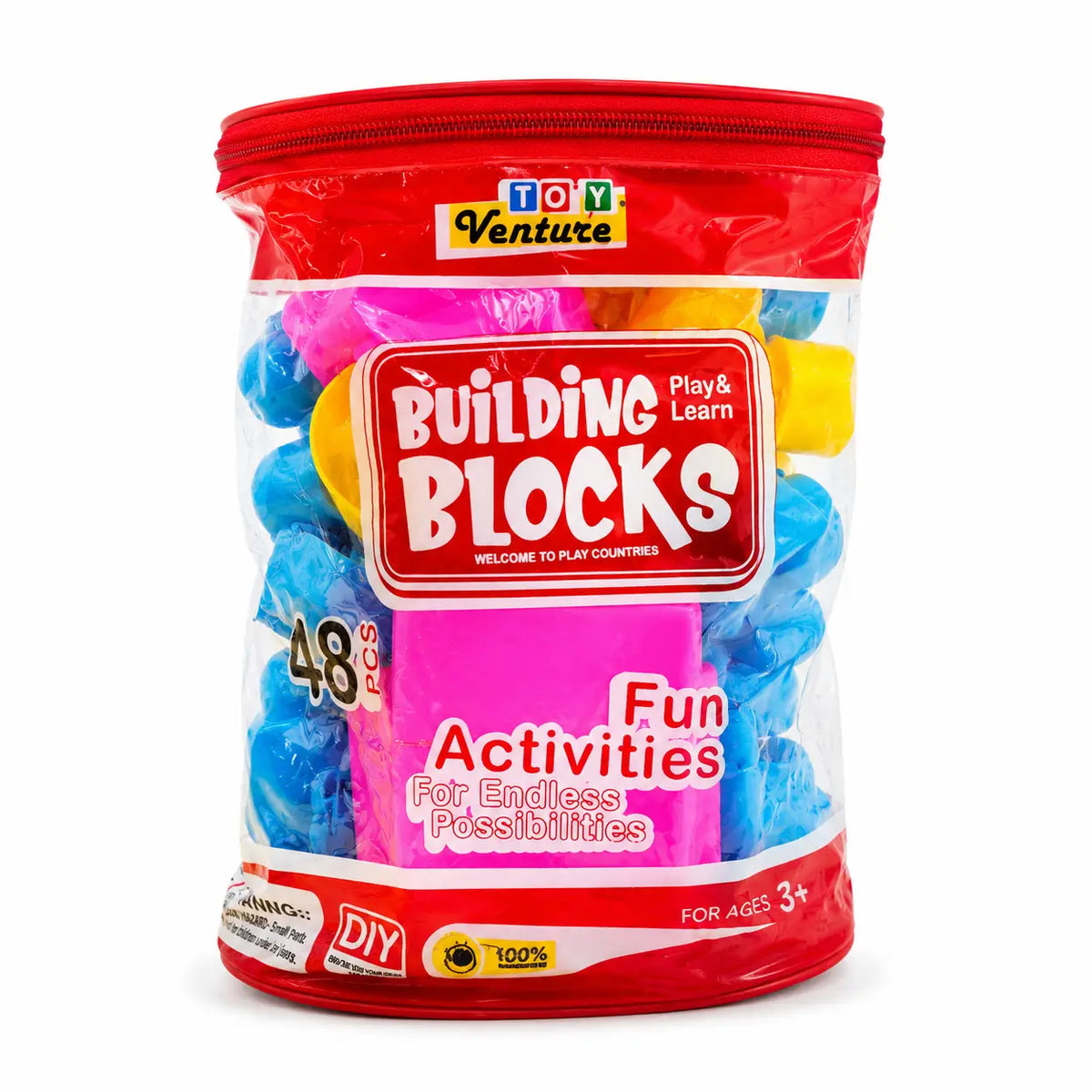 Toy Venture Building Blocks play set in a clear zip-top container with a red lid and red label, showing colorful plastic blocks inside on a white background.