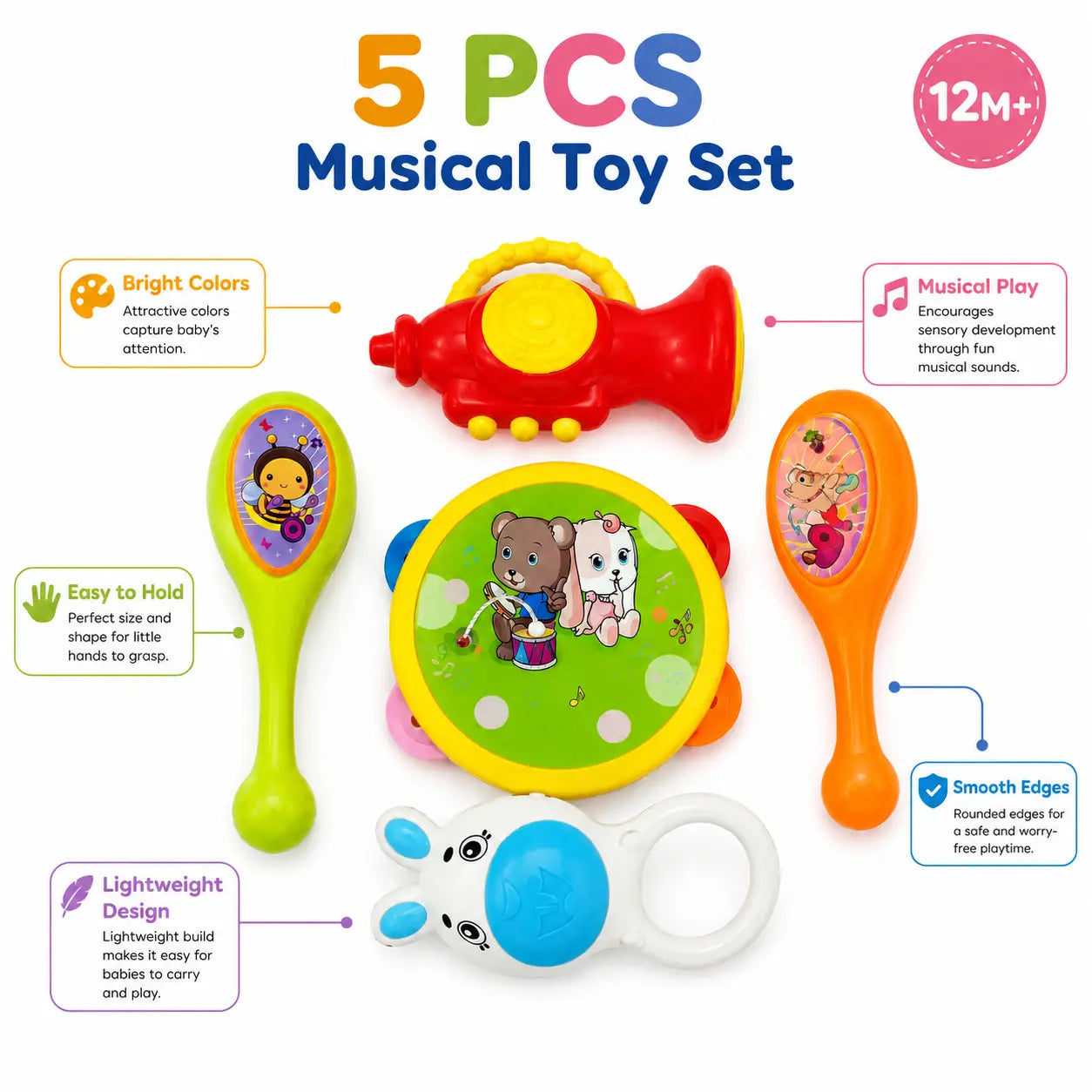 5 PCS baby musical toy set for 12M+ featuring colorful rattles, drum, horn and easy-grip toys