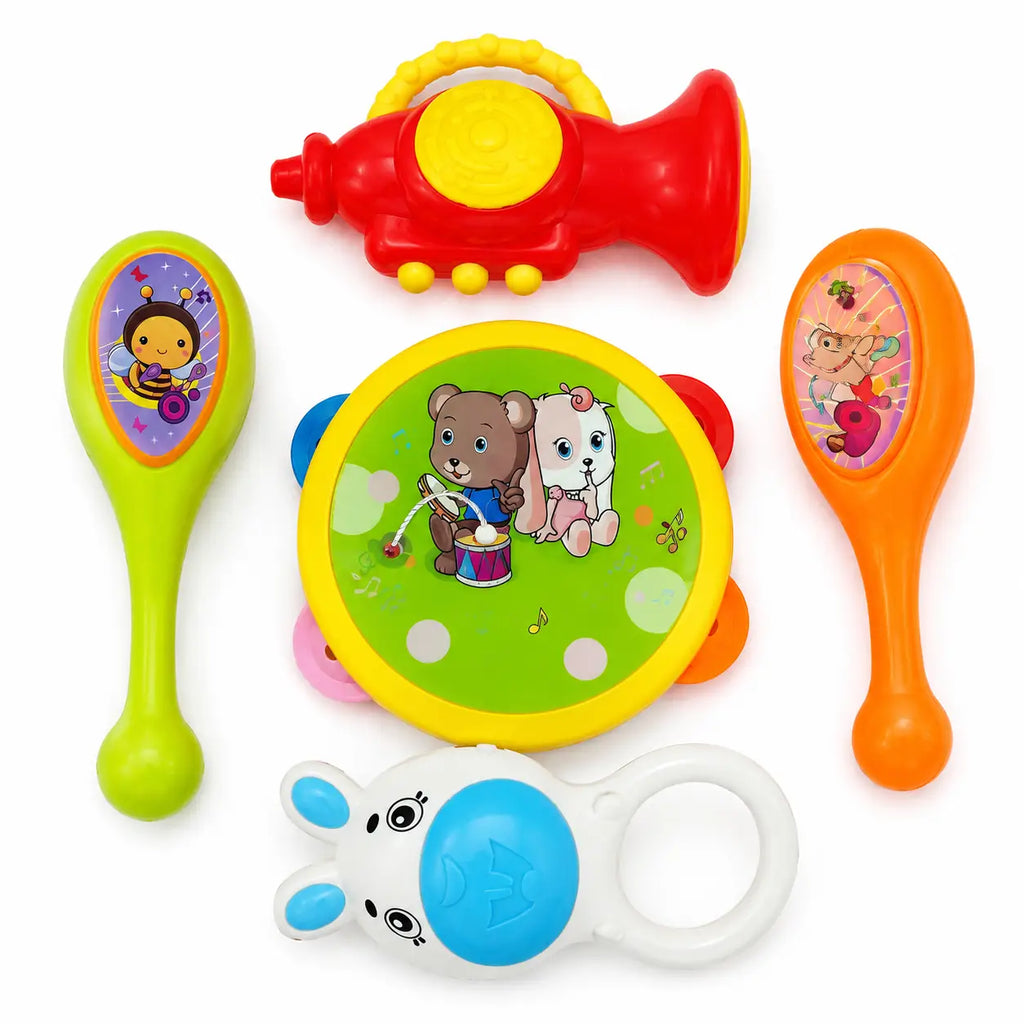 5 PCS baby musical toy set arranged outside packaging with horn, drum and colorful rattles