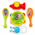 5 PCS baby musical toy set arranged outside packaging with horn, drum and colorful rattles