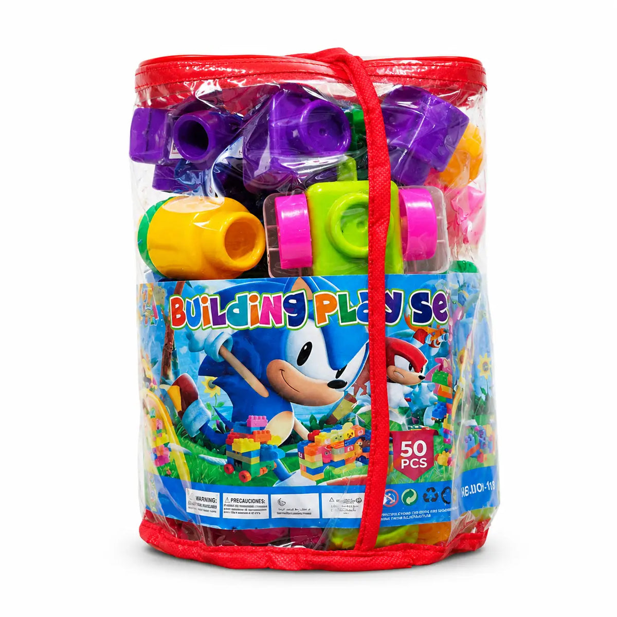 A clear plastic storage bag containing a colorful building toy set with visible purple, green, yellow, pink, and orange pieces, wrapped with a red drawstring and a printed Sonic-themed label that reads 'Building Play Set' and '50 PCS'.