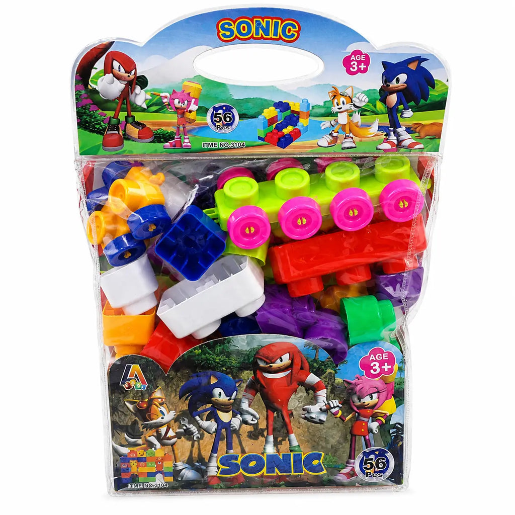 Sonic-themed toy building block set in retail packaging, featuring colorful plastic bricks and a printed Sonic character card on the front.