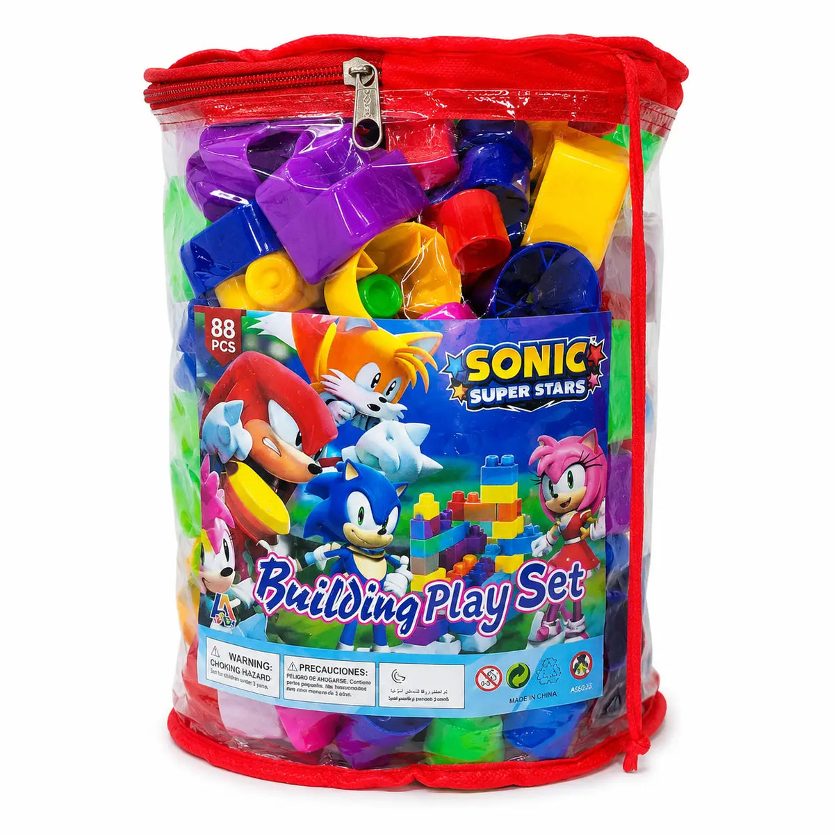 A Sonic Super Stars building play set in a clear cylindrical zippered bag with red trim. The set contains 88 colorful plastic building blocks visible through the transparent packaging, with a printed character label featuring Sonic, Tails, Amy Rose, and others.