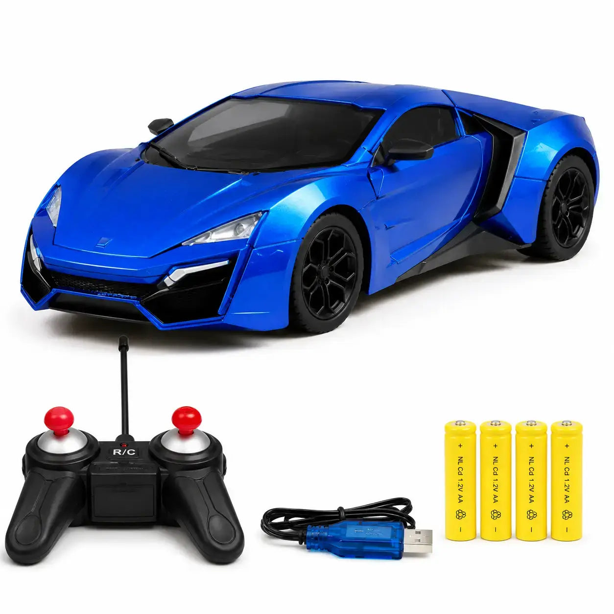 Bonzer blue rechargeable RC car complete set with remote batteries and charging cable