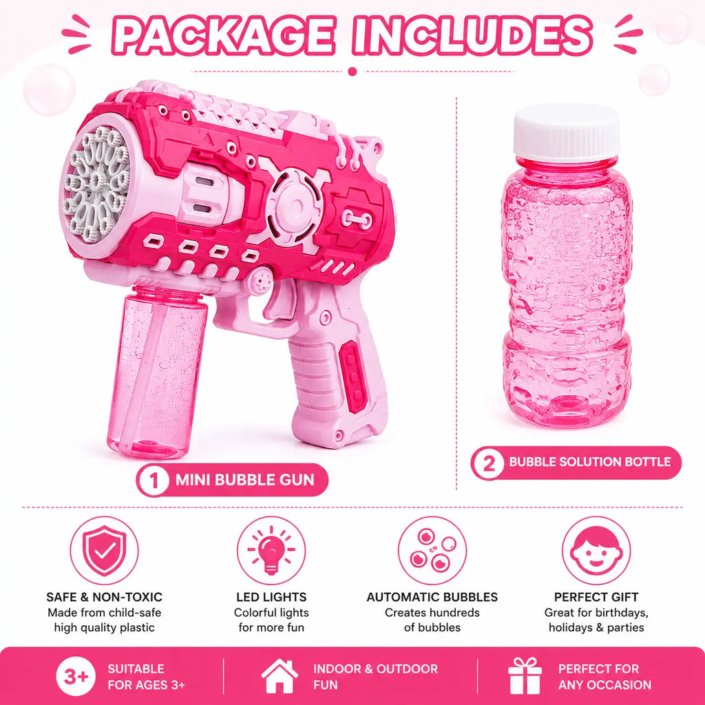 Pink mini bubble gun and pink bubble solution bottle shown on a white background with promotional text reading 'PACKAGE INCLUDES' and feature icons below.