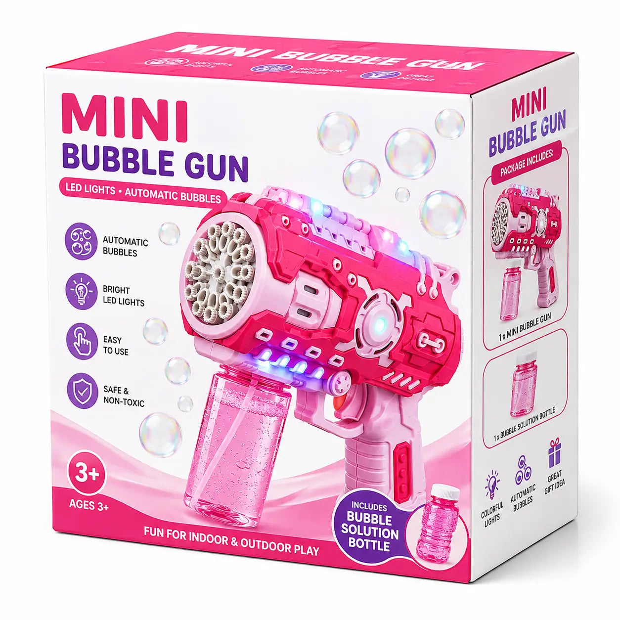 A pink and white retail box for a mini bubble gun toy, shown at a slight angle on a white background. The packaging features the text 'MINI BUBBLE GUN' and lists features like LED lights, automatic bubbles, and easy to use.