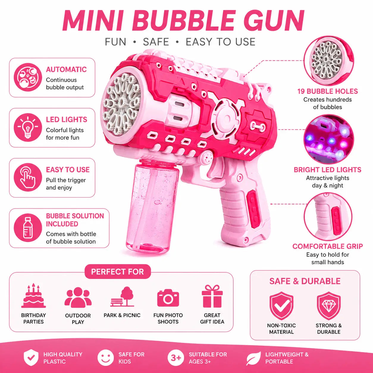 Pink and white mini bubble gun toy shown on a light pink infographic background with feature callouts, including 19 bubble holes, LED lights, bubble solution included, and suitability for ages 3+. No people or real environment are present.