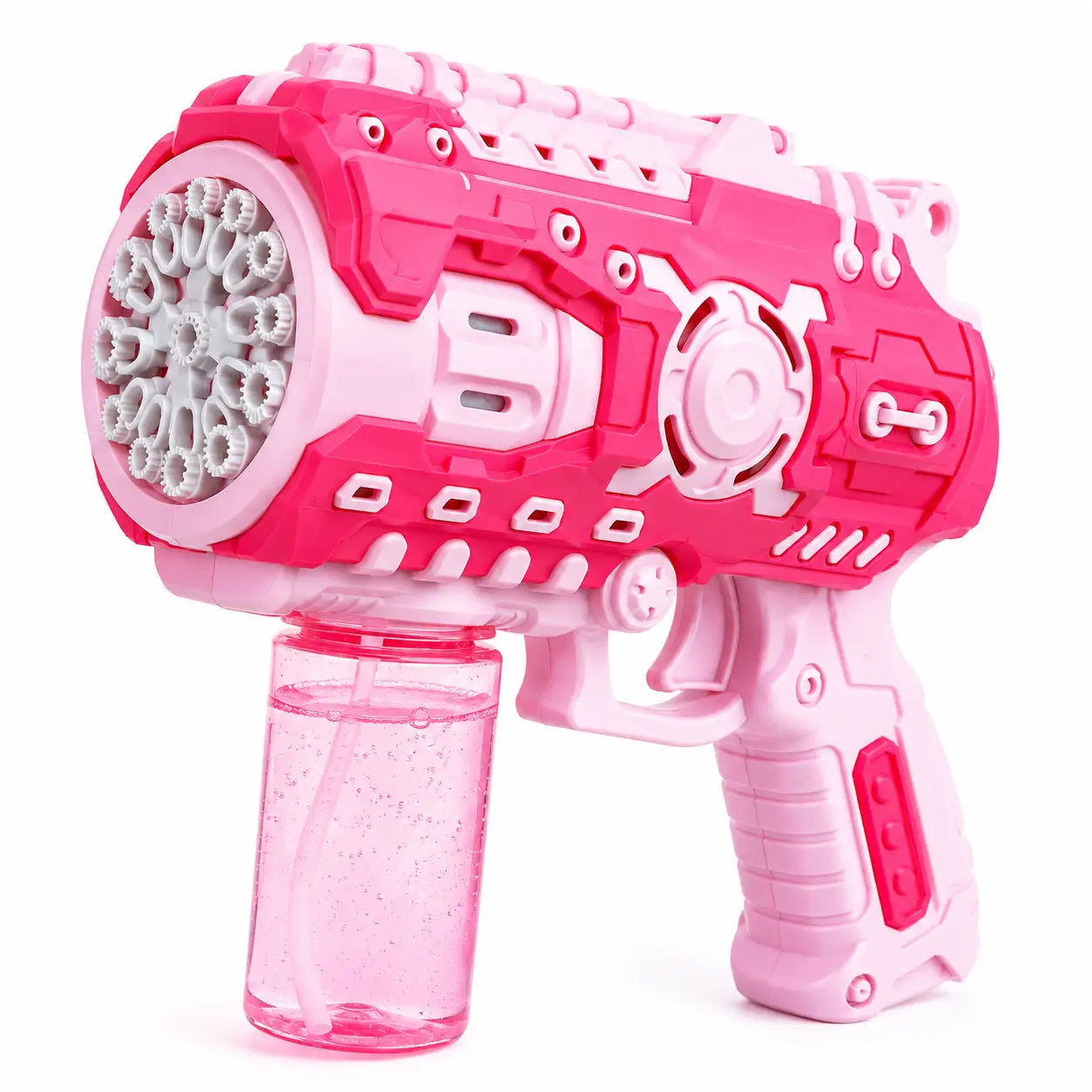 A pink and white toy bubble gun with a clear pink liquid reservoir, shown against a plain white background.