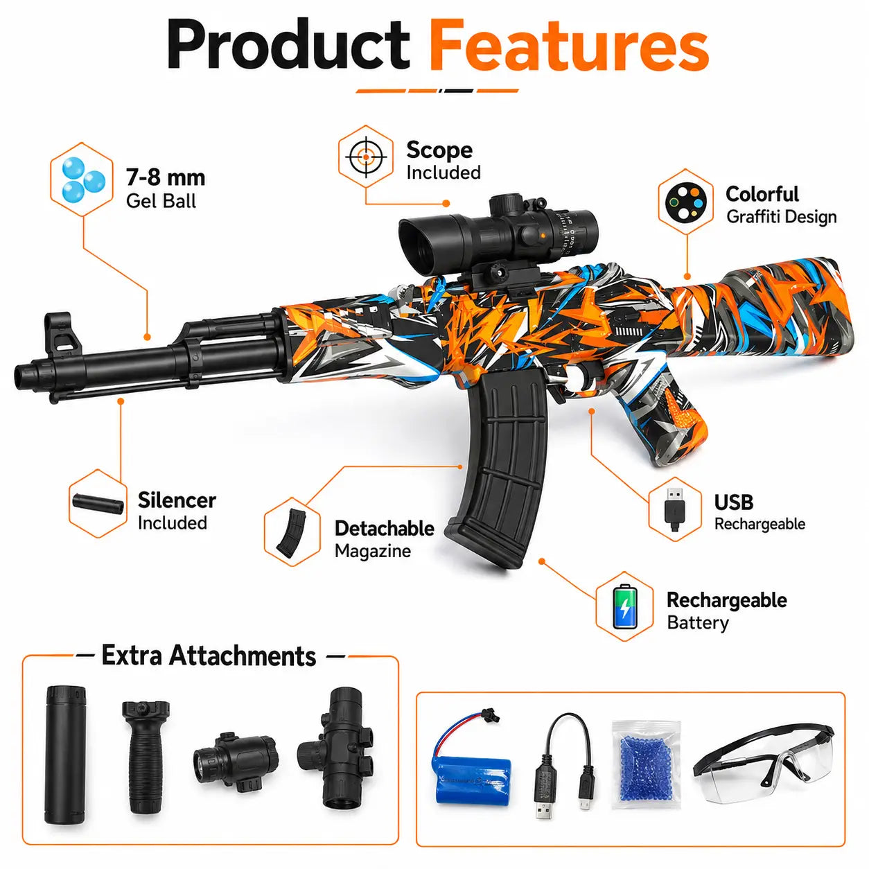 AK47 electric gel ball blaster product features with scope rechargeable battery magazine and accessories