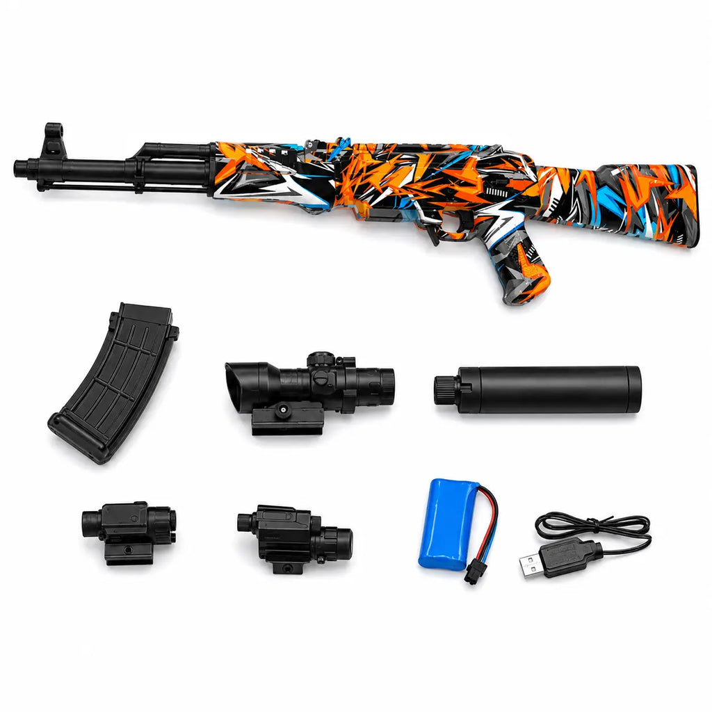 AK47 electric gel blaster with magazine scope battery USB charger and toy attachments