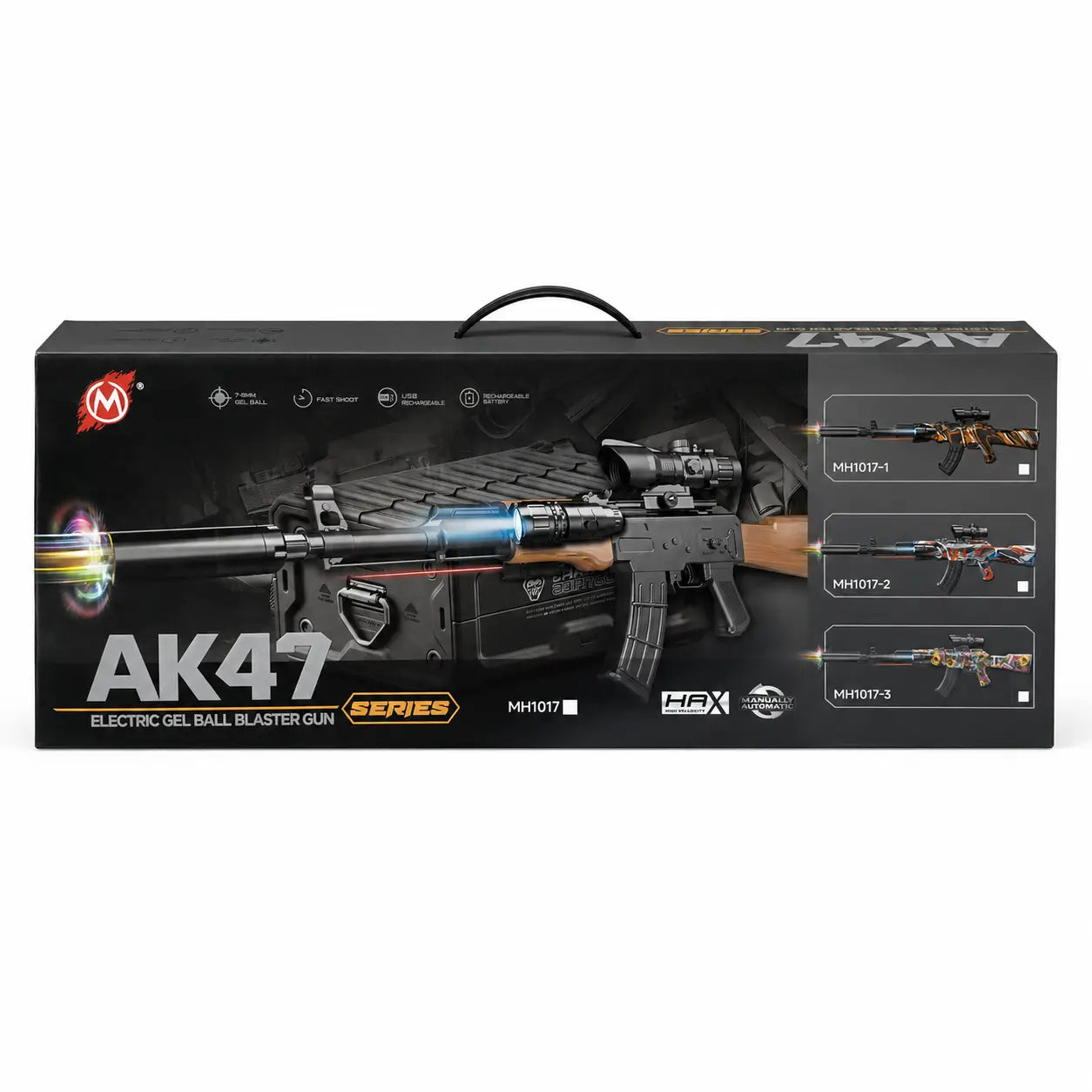 AK47 electric gel ball blaster retail box rear view showing product series