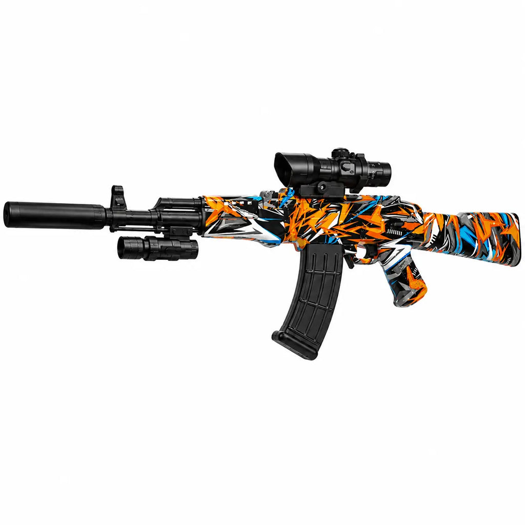 Fully assembled AK47 electric gel ball blaster with scope magazine and additional attachments