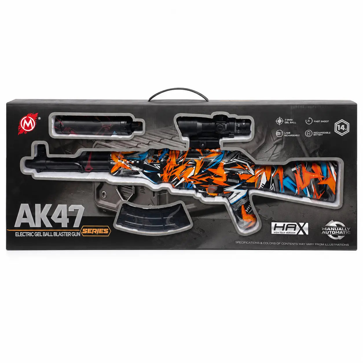 AK47 electric gel ball blaster gun in retail packaging front view