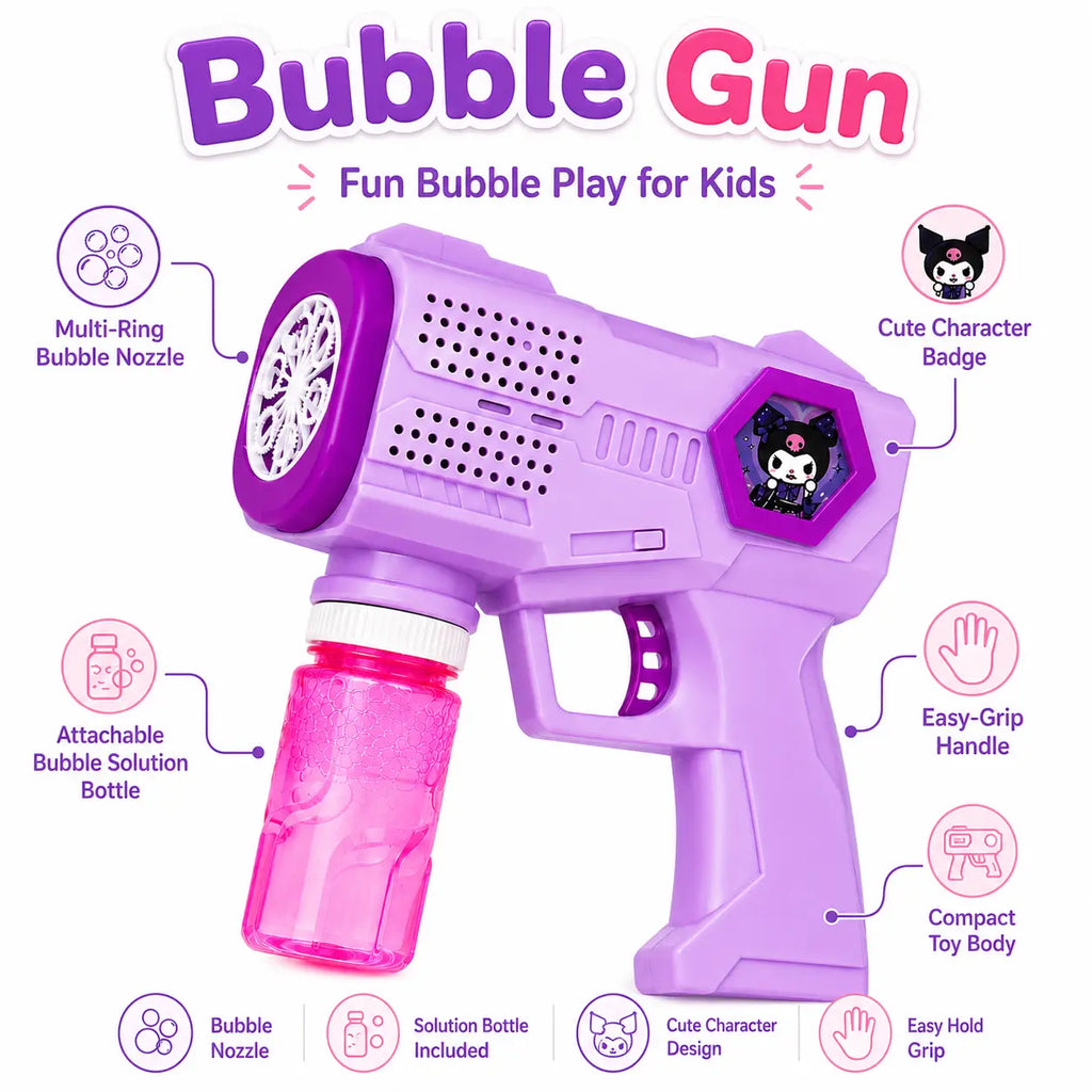Automatic purple bubble gun with package contents, nozzle details and solution bottle