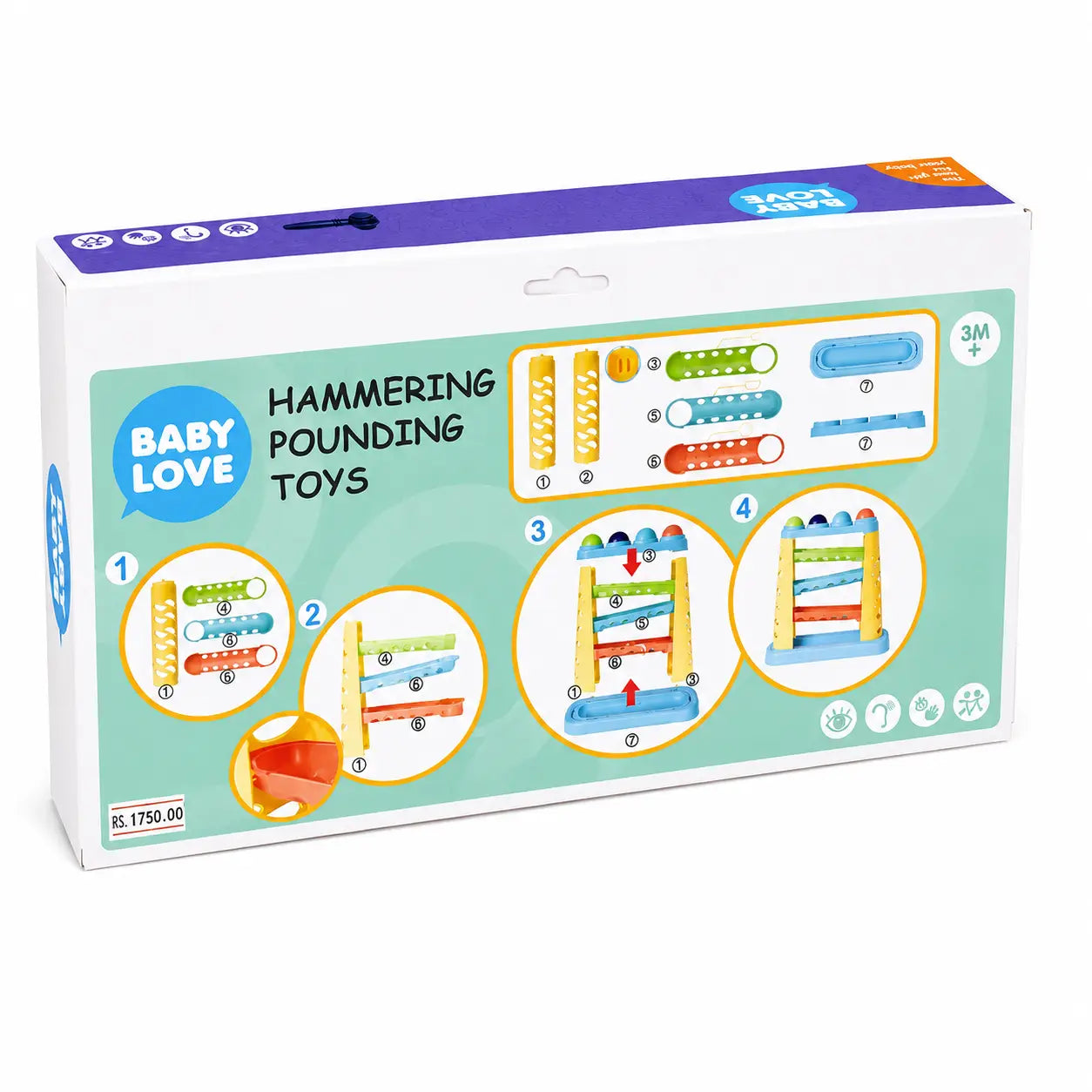 Back view of Baby Love Hammering Pounding Toy packaging showing parts and assembly instructions