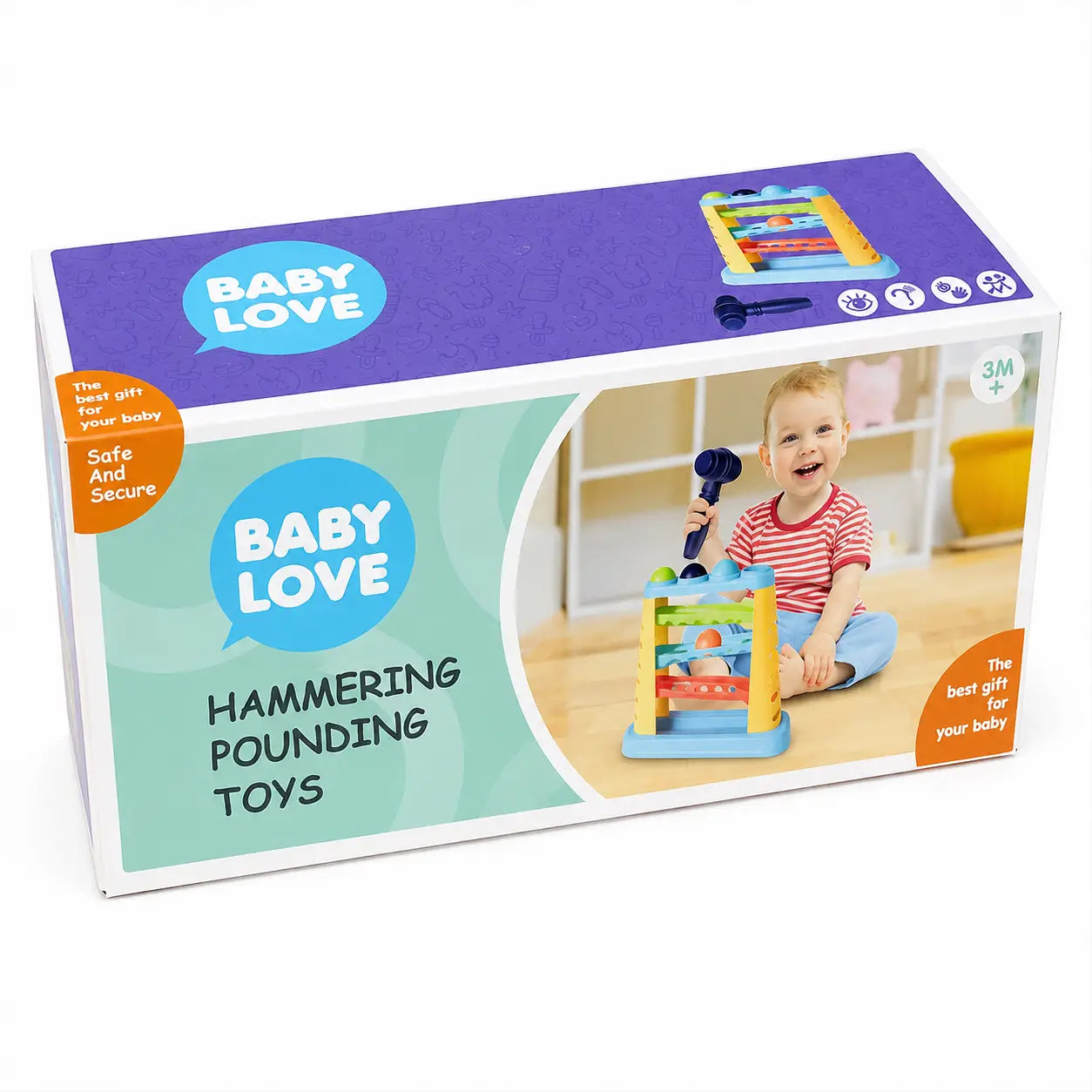 Baby Love Hammering Pounding Ball Toy box front view with colourful ball ramp toy and hammer